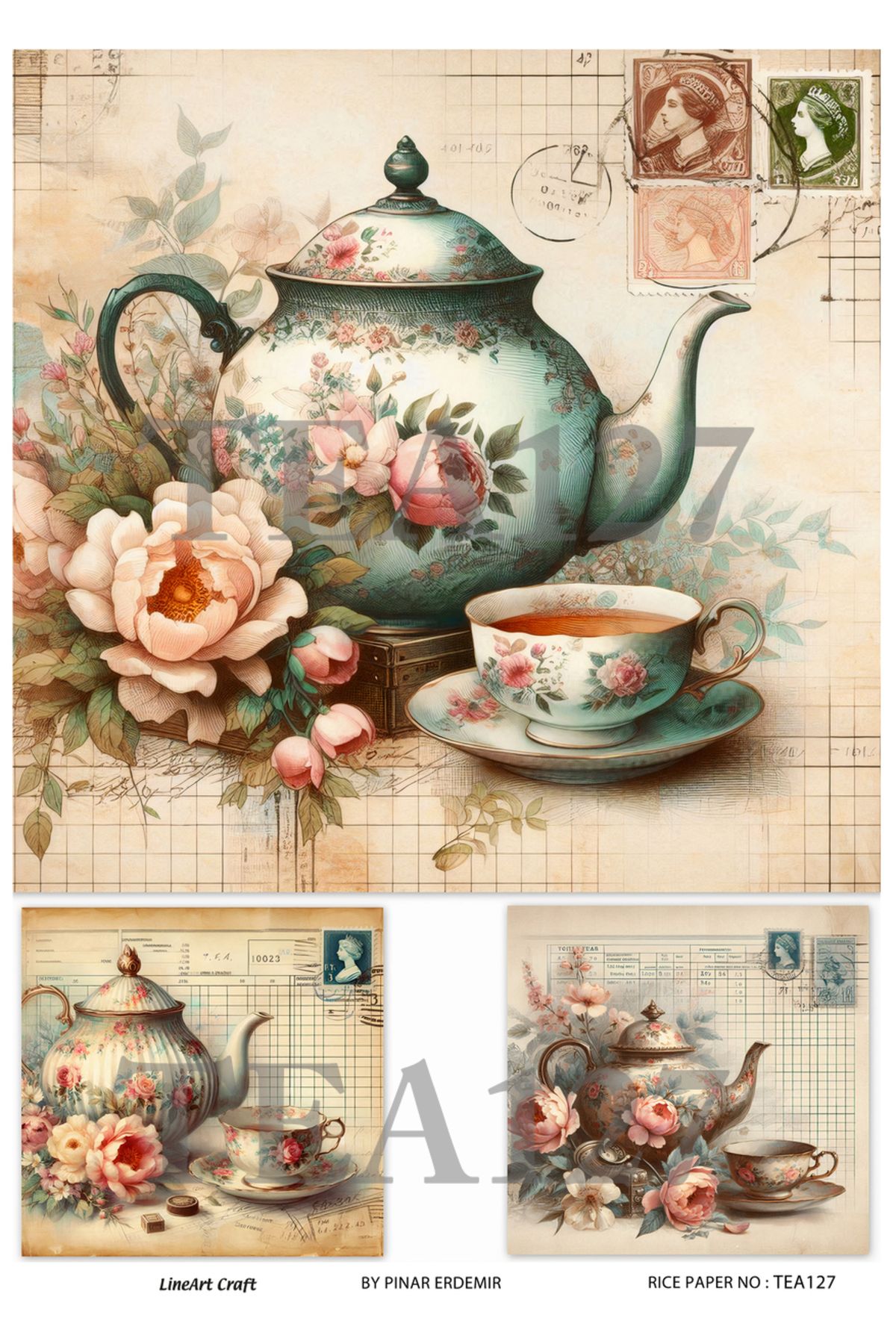 LİNEART Çay Partisi Serisi TEA127 Soft Çiçek Desenli 29*42 cm Pirinç Dekopaj