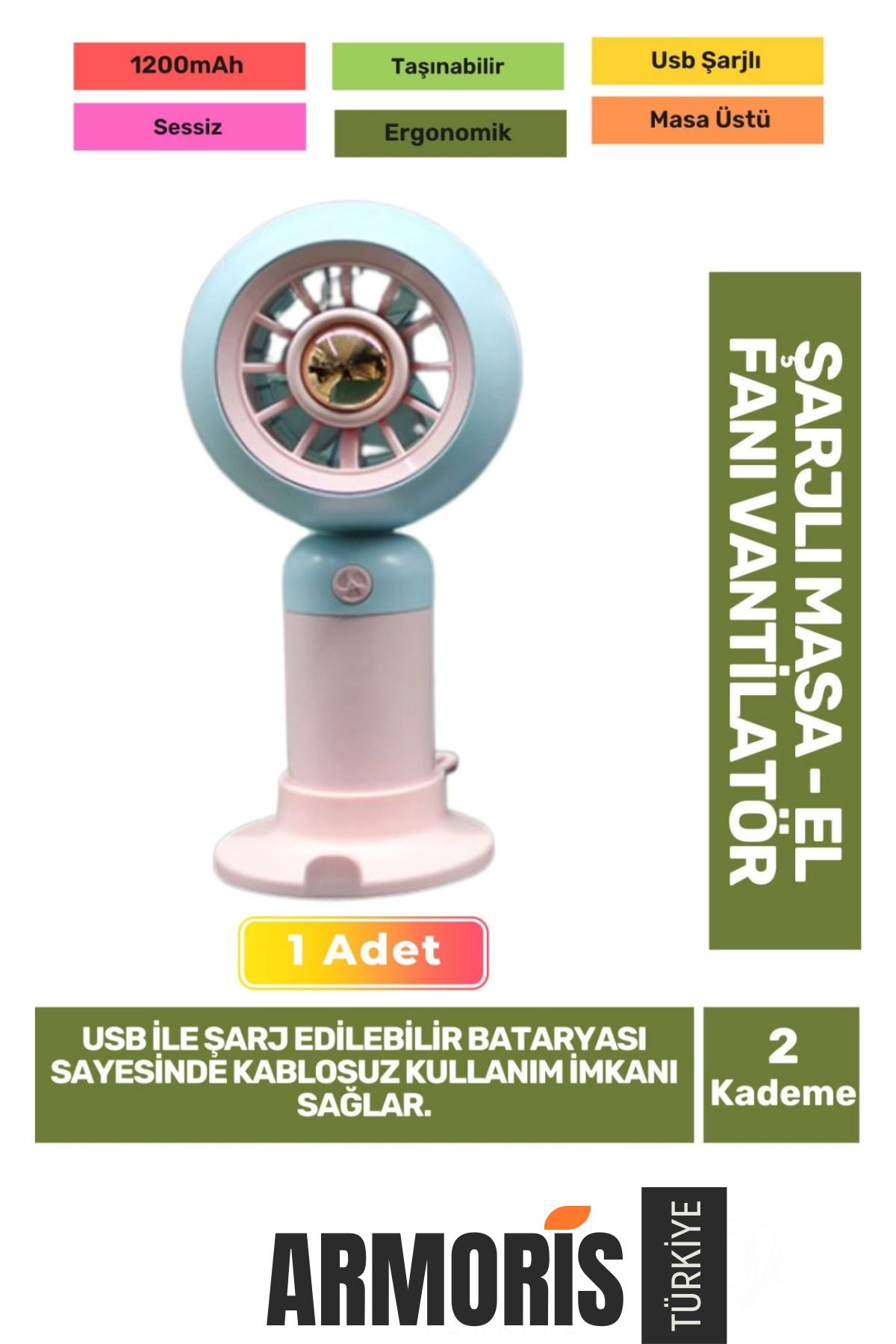 Armoris Yeni Seri Sessiz 2 Kademeli Hafif Kablosuz 1200mAh Taşınabilir Usb Şarjlı Masa El Fanı Vantilatör