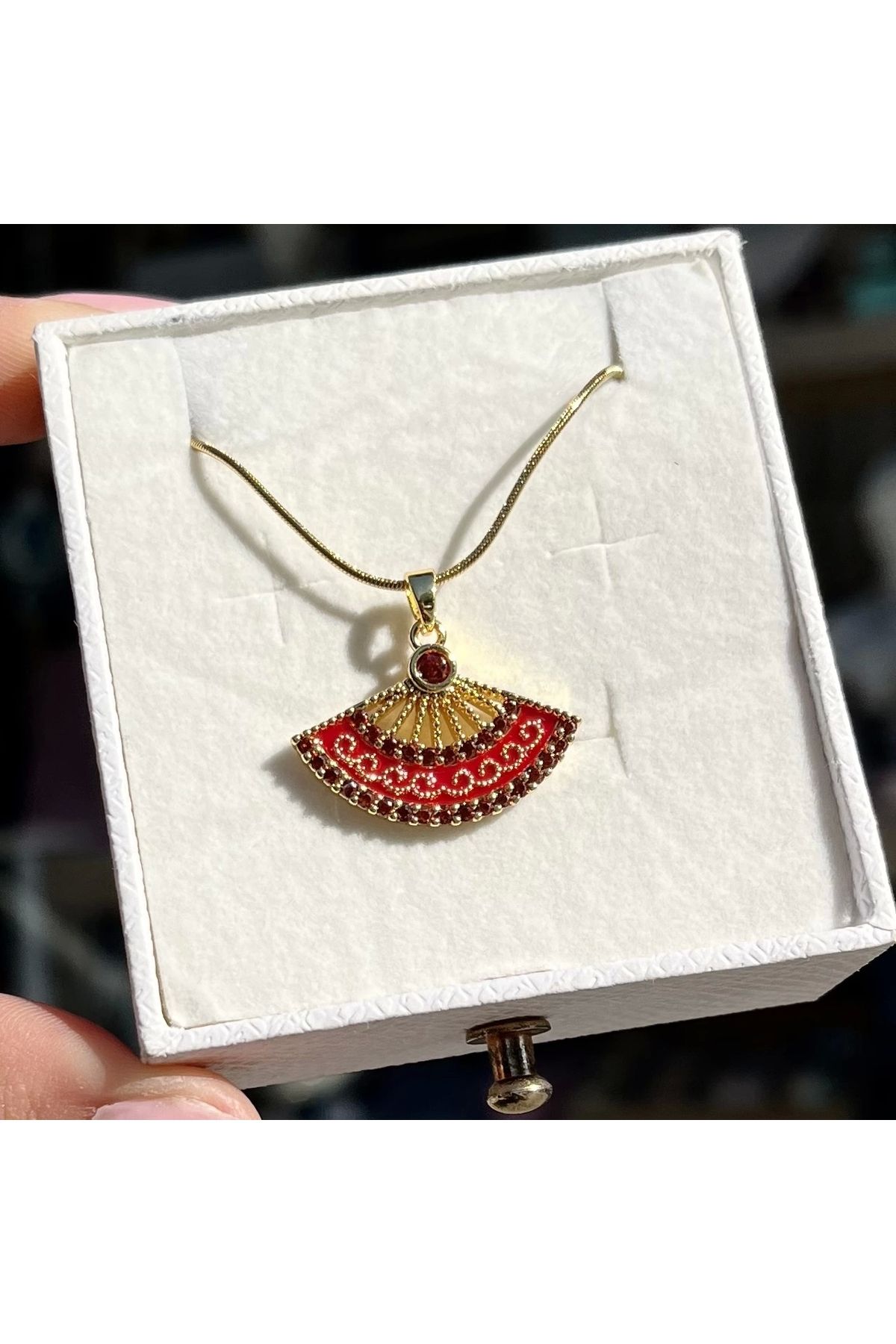 Vintagezegeni Kırmızı Yelpaze Kolye I Çelik