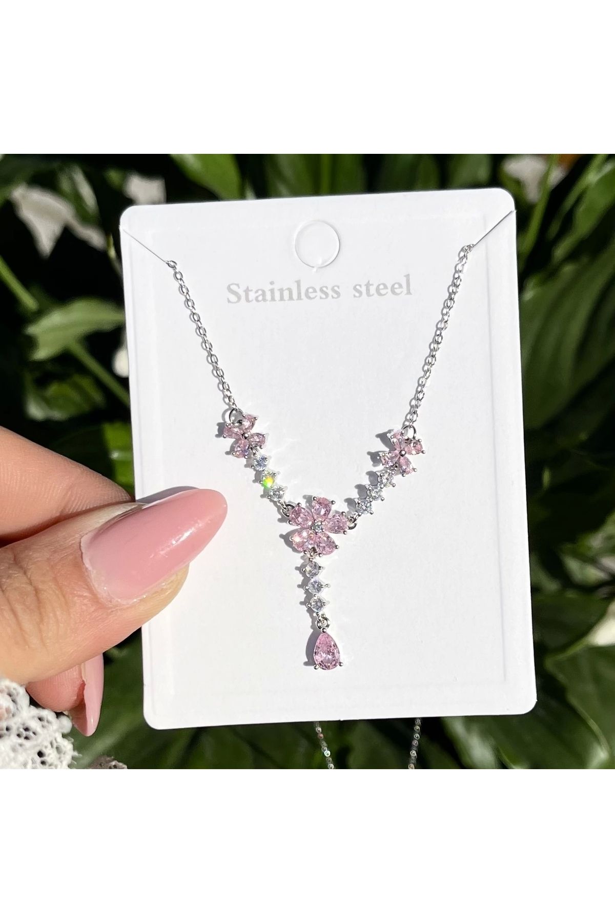 Vintagezegeni Sallantı Çiçekli Kolye I Beyaz 14K Çelik