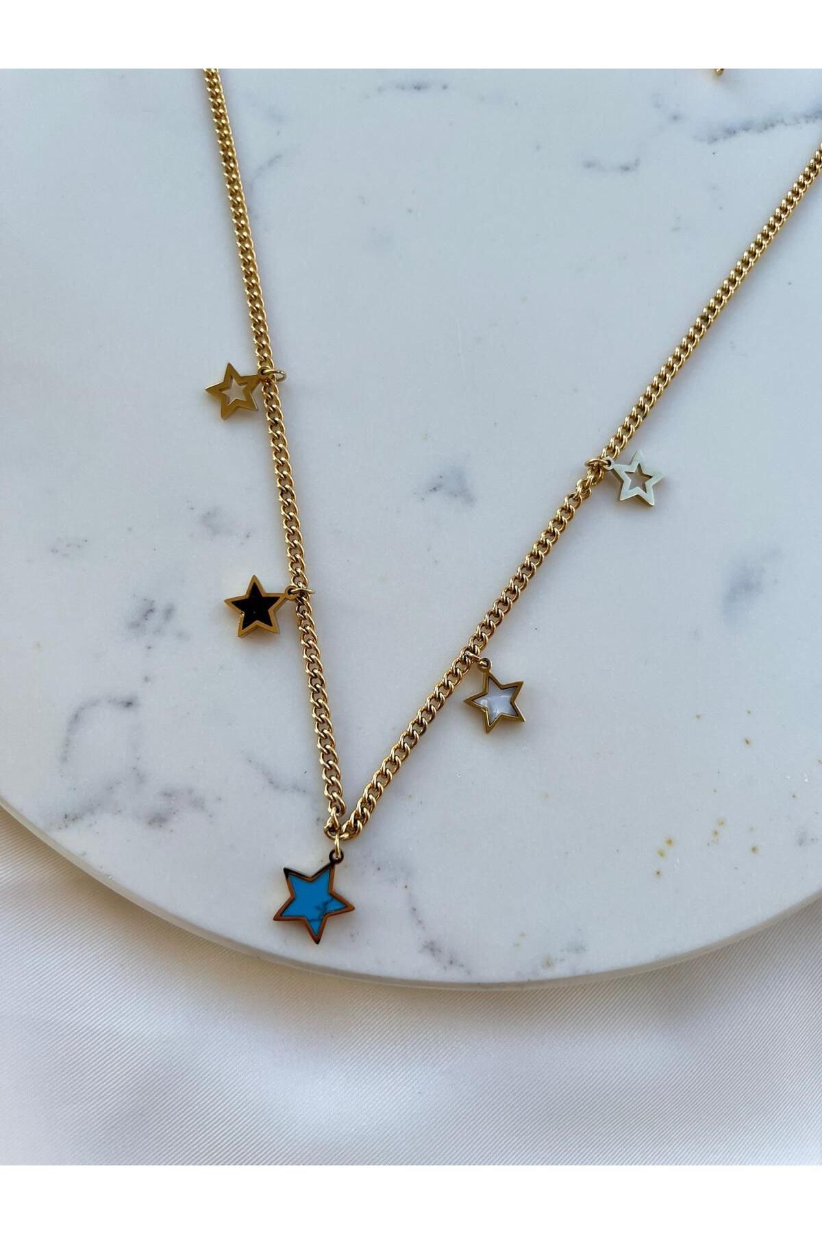 Orvix Accessories GOLD ZİNCİR ÇOKLU YILDIZ MOTİFLİ KADIN GÜNLÜK KOLYE ABİYE KOLYE VİNTAGE KOLYE YAZLIK KOLYE