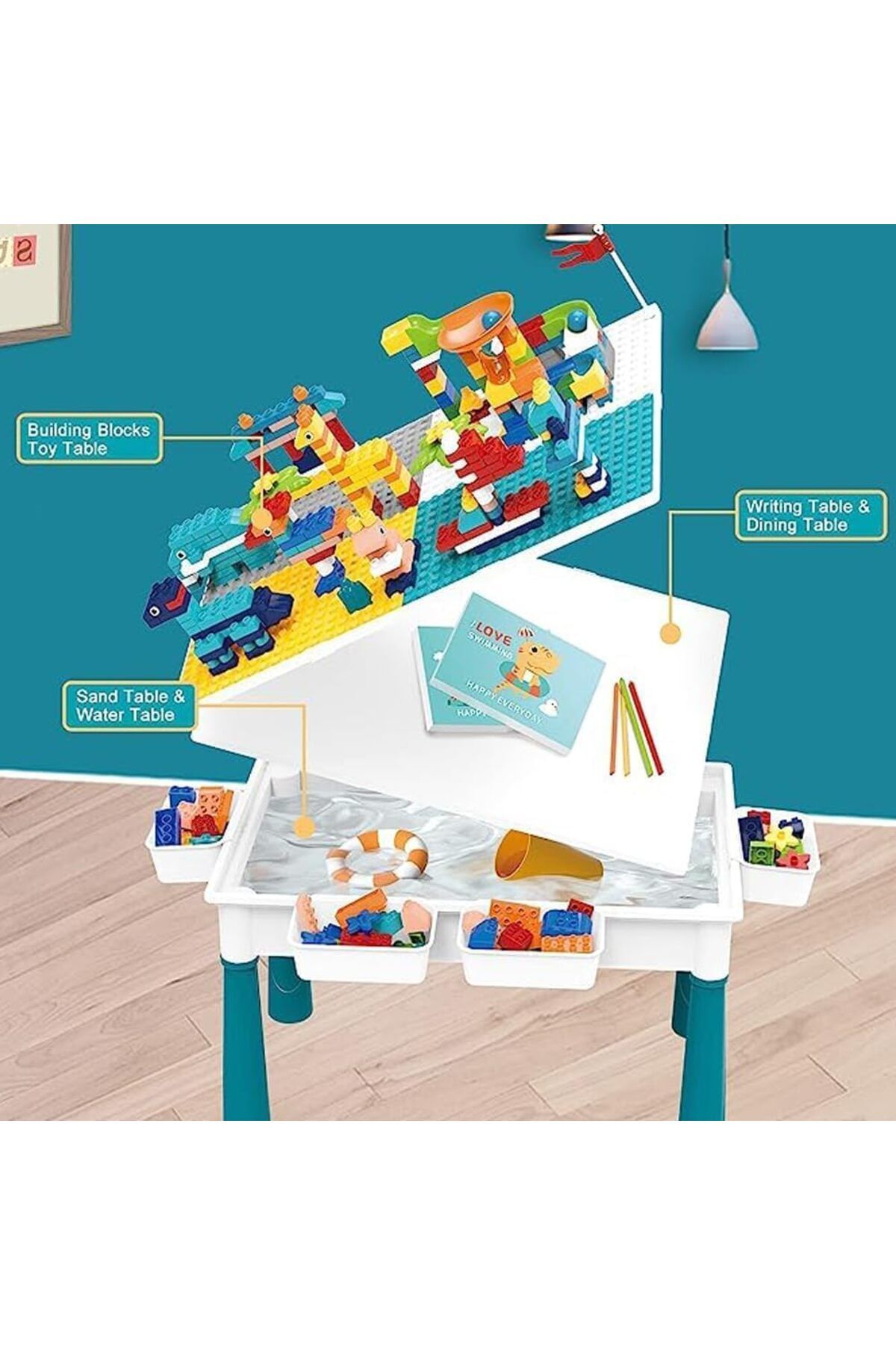 Lumely-186 Pcs Double Sided Kids Building Block Activity Table,4 Storage Box and Adjustable Legs, for 3+ 6