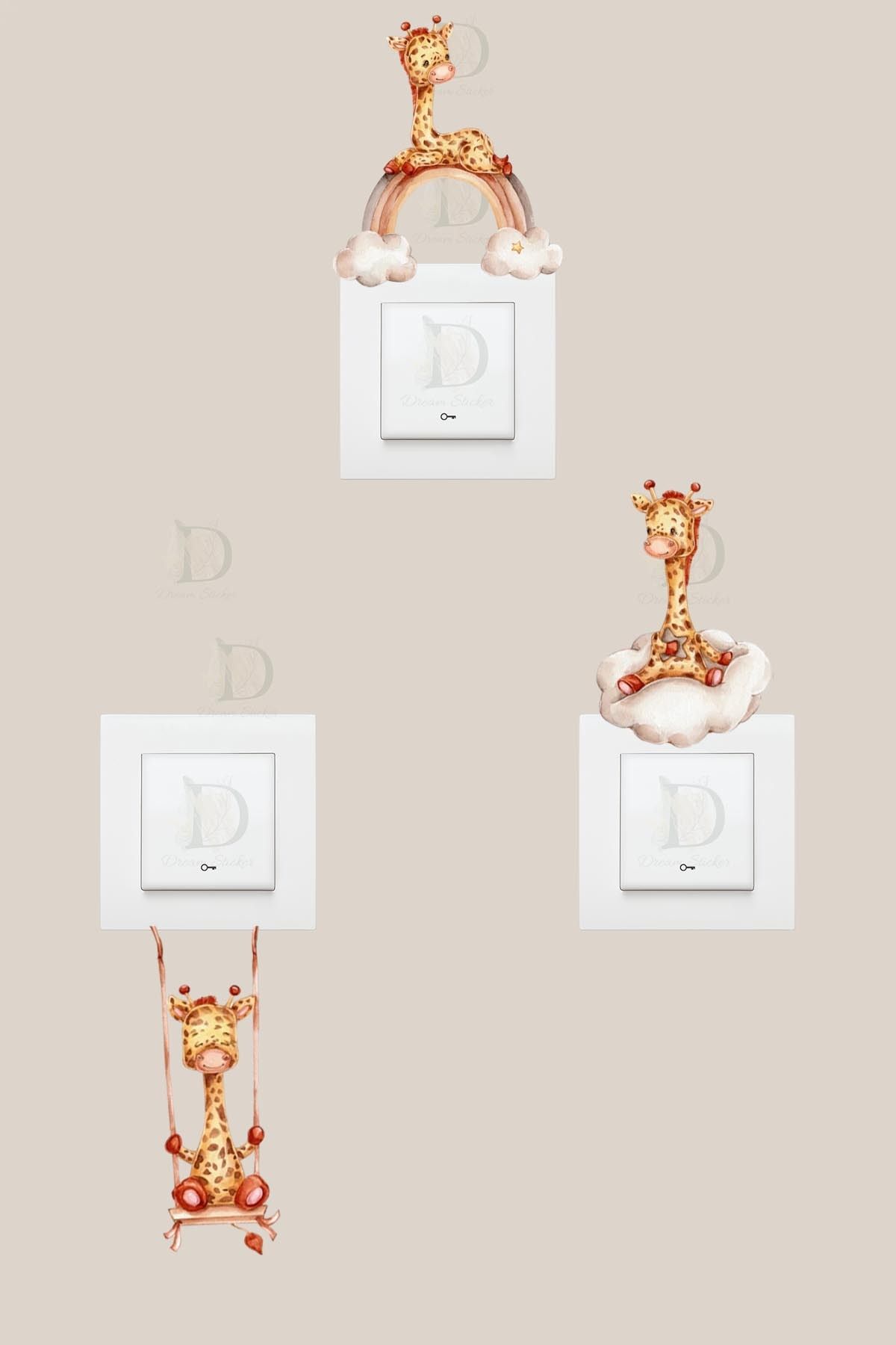 KT Decor Sevimli Zürafalar Çocuk Odası 3'lü Priz Sticker Seti