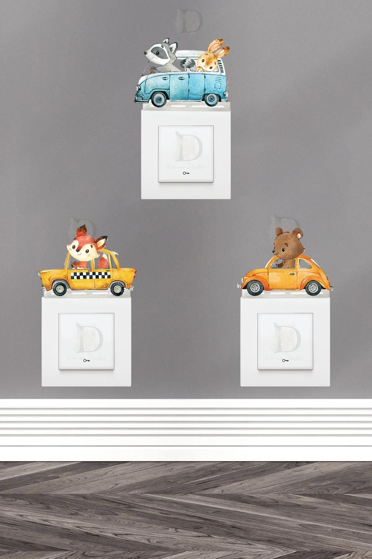 KT Decor Sevimli Hayvanların Araba Yolculuğu 3'lü Priz Sticker Seti