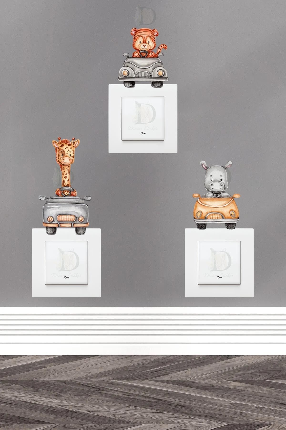 KT Decor Eğlenceli Şoför Hayvanlar Çocuk Odası 3'lü Priz Sticker Seti