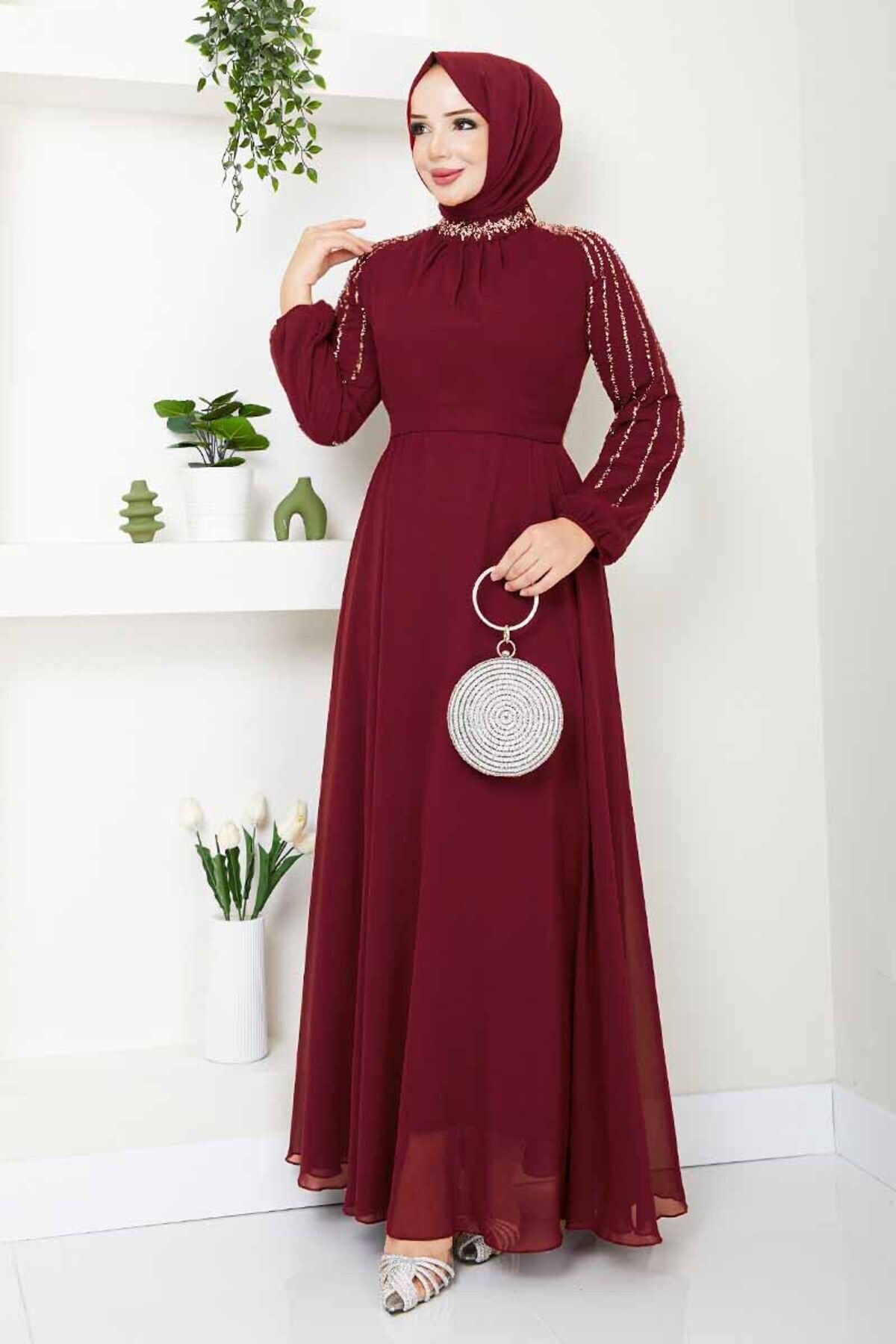 MissPul Kolları İşlemeli Abiye Açık Bordo