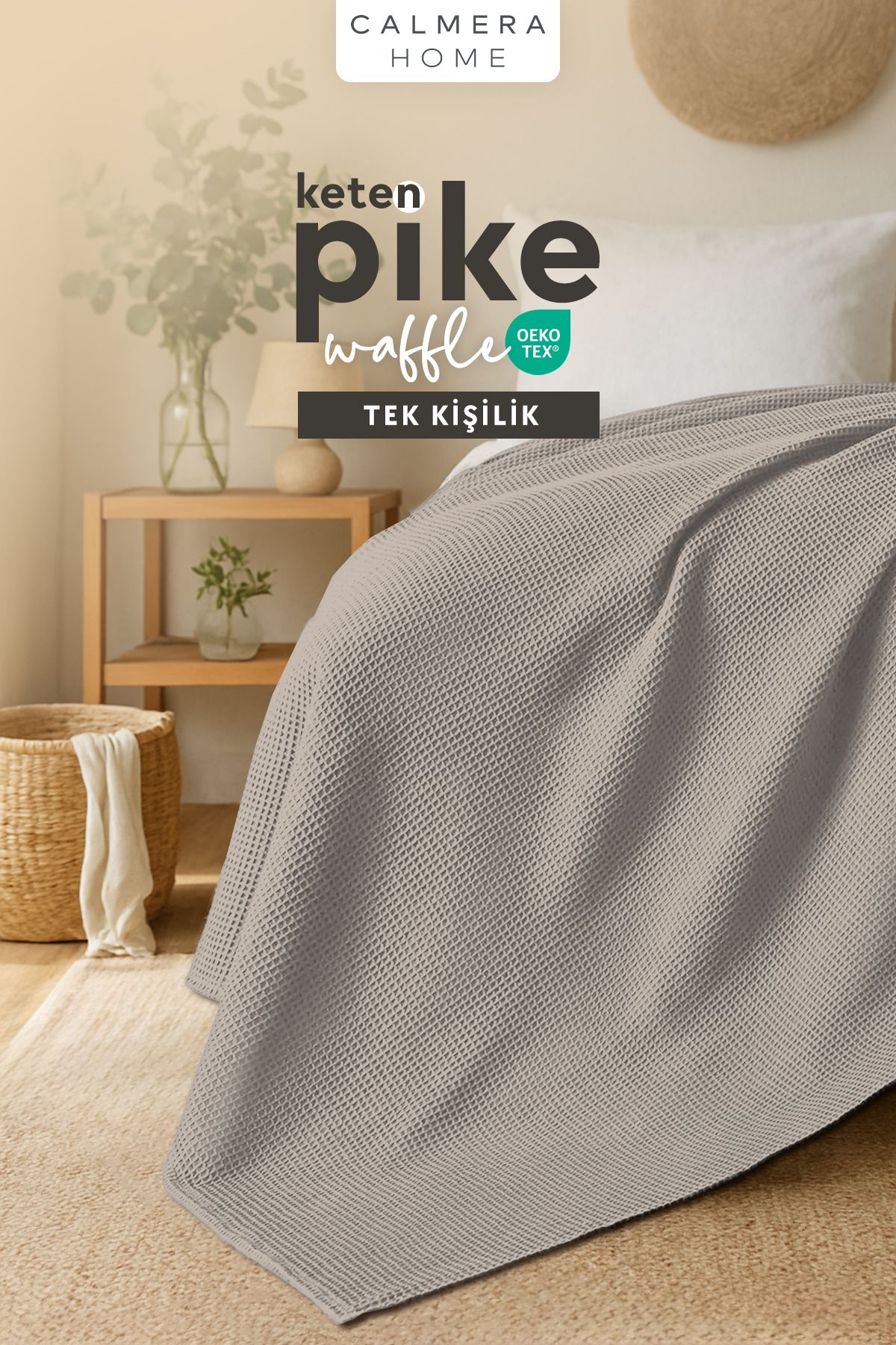 Calmera Keten Tek Kişilik Waffle Pike | Yatak & Koltuk Örtüsü - Şal | Premium Pamuk - Yazlık | Bej