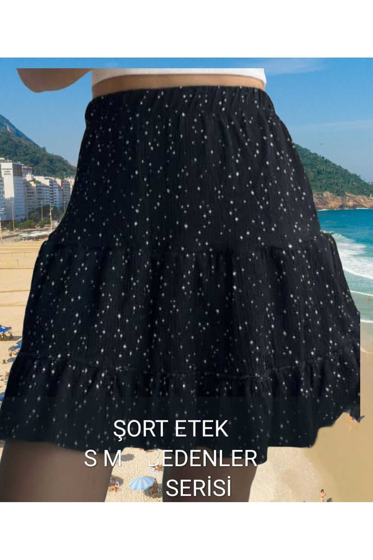 MODA Kadın Beli Lastikli Bürümcük Kumaş Mini Şortlu Etek