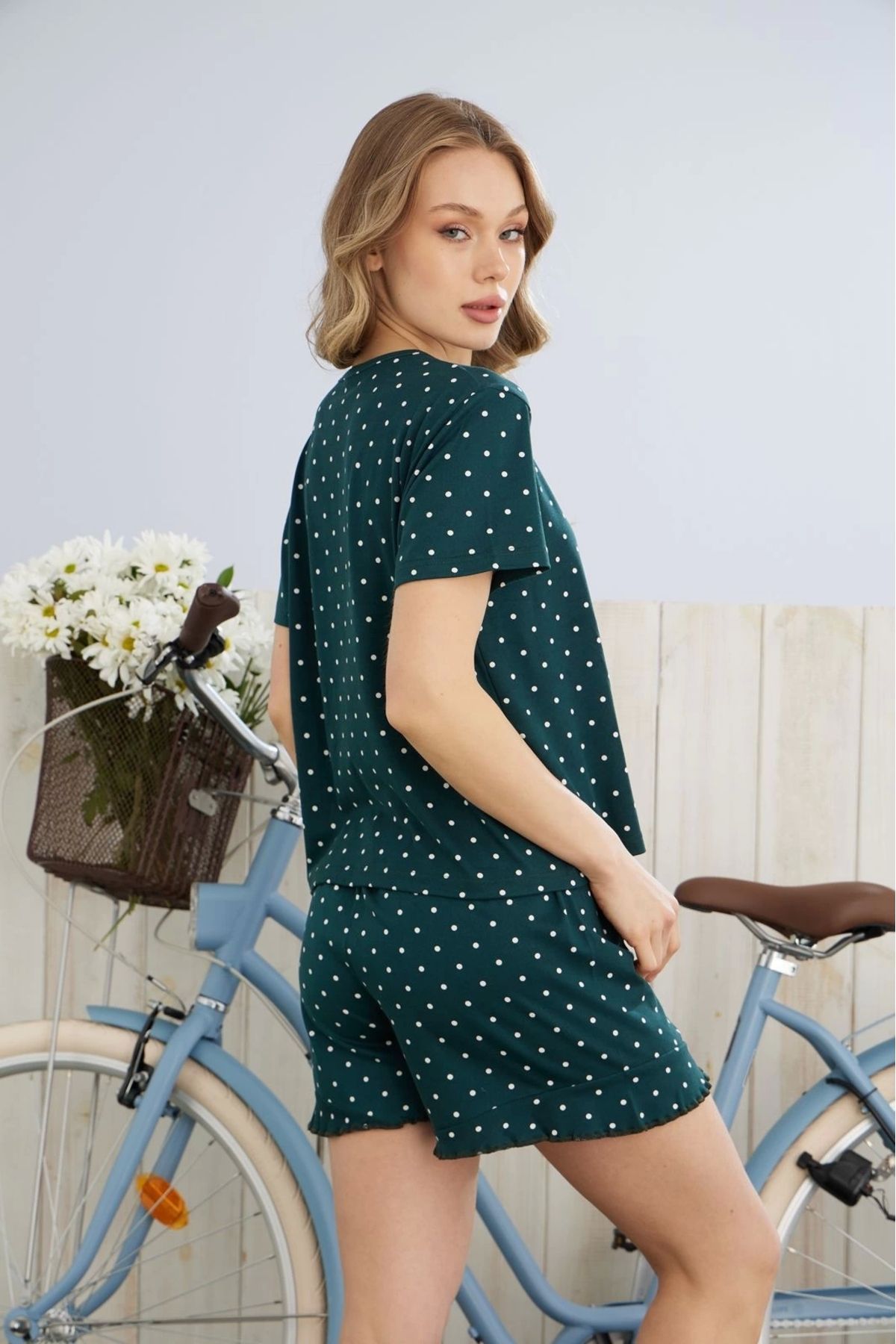 Pijamoni-Women's Milan Fabric Short Sleeve Emerald Green Shorts Set - 7715 3