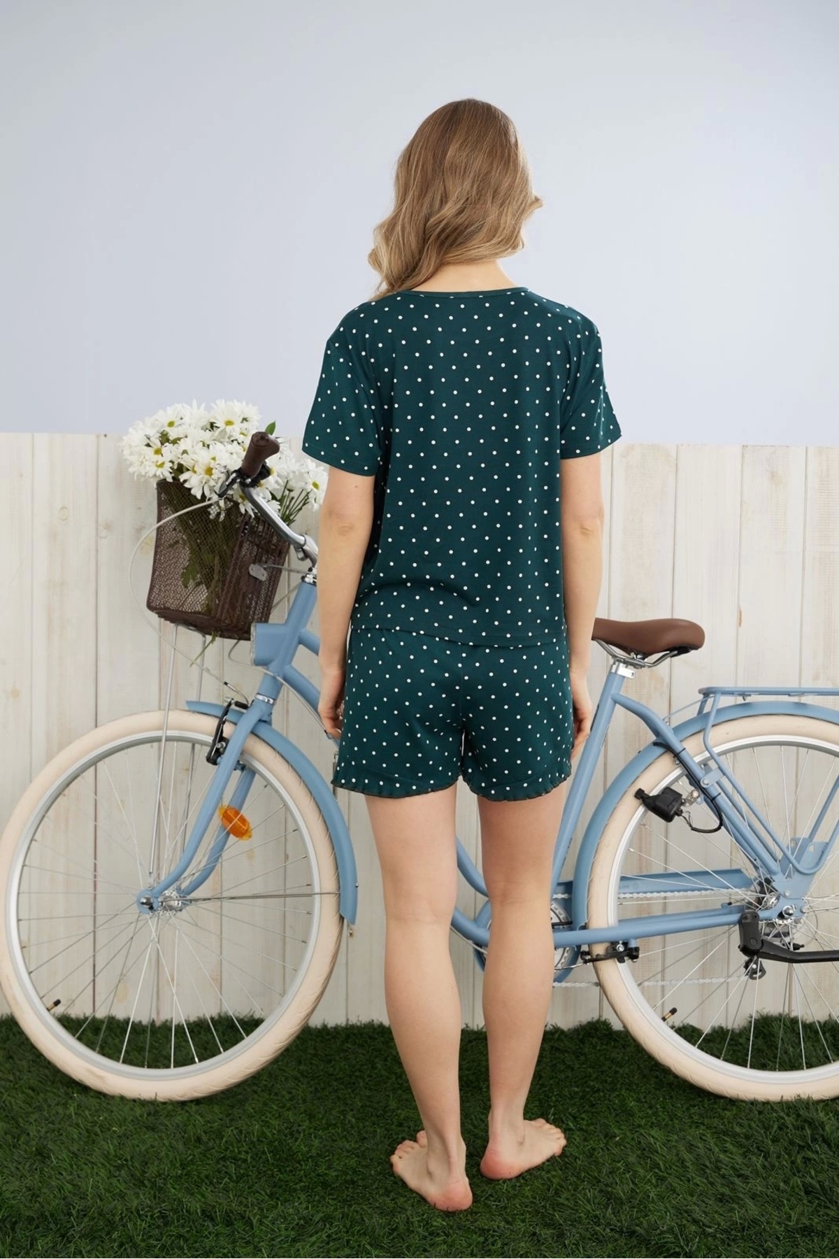 Pijamoni-Women's Milan Fabric Short Sleeve Emerald Green Shorts Set - 7715 4