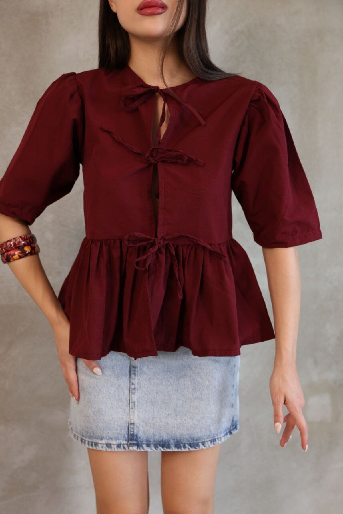 mirabella Yeni Sezon Poplin Kumaş Fiyonklu Bebe Yaka Bluz