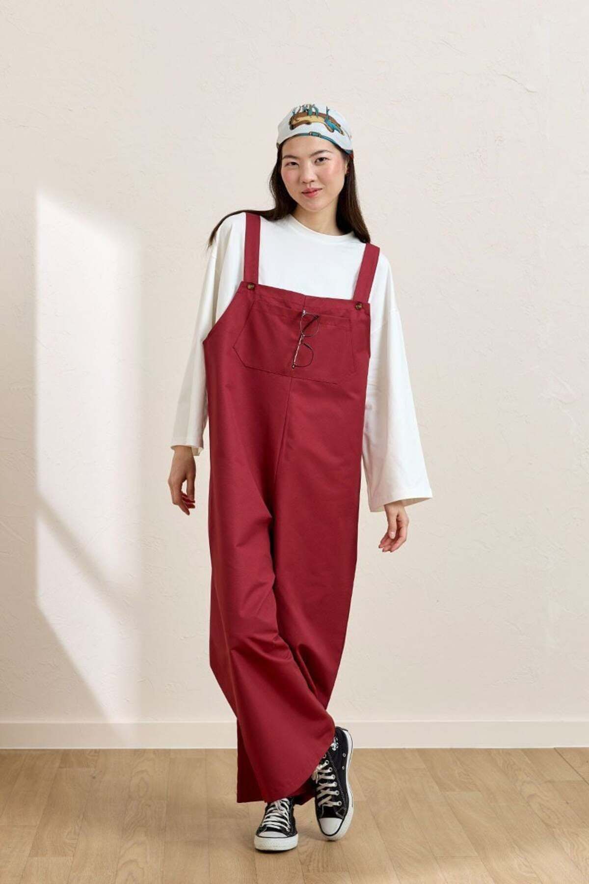 Ceylan Otantik Bordo Keten Salopet Tulum & Ekru Body
