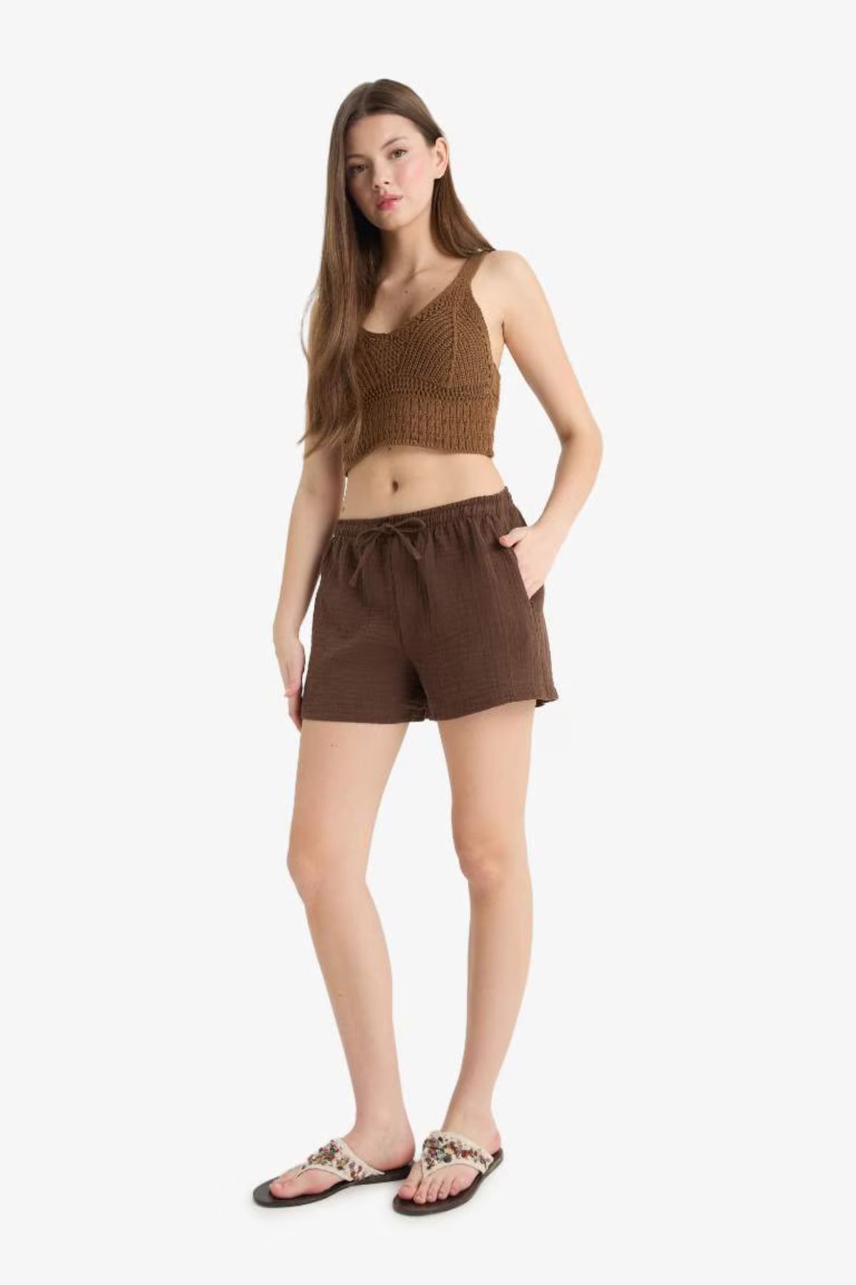 DeFacto-A-Line Regular Waist Short Leg Muslin Shorts 4