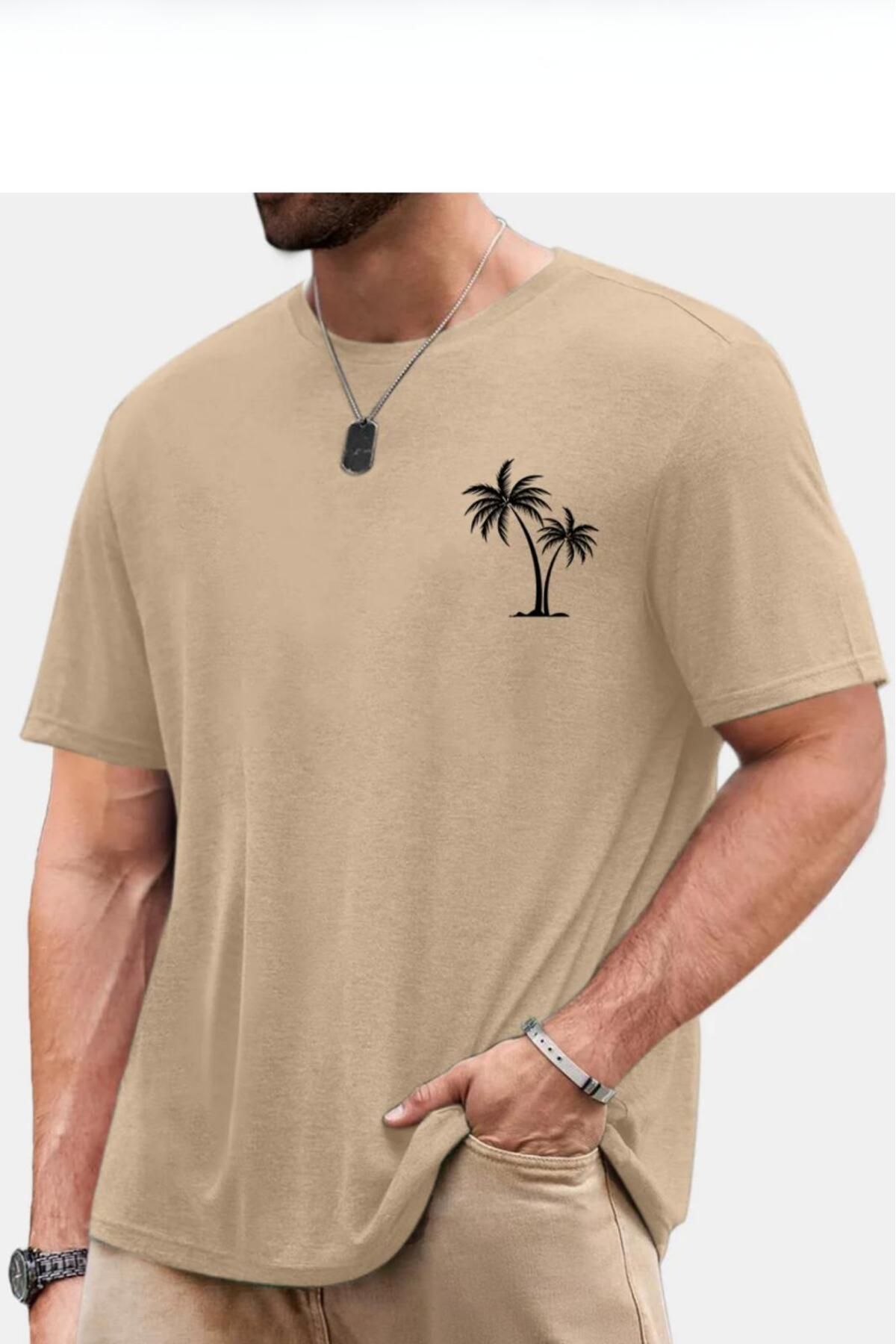 NO 601 Erkek Bej Palmiye Baskılı Oversize Tshirt