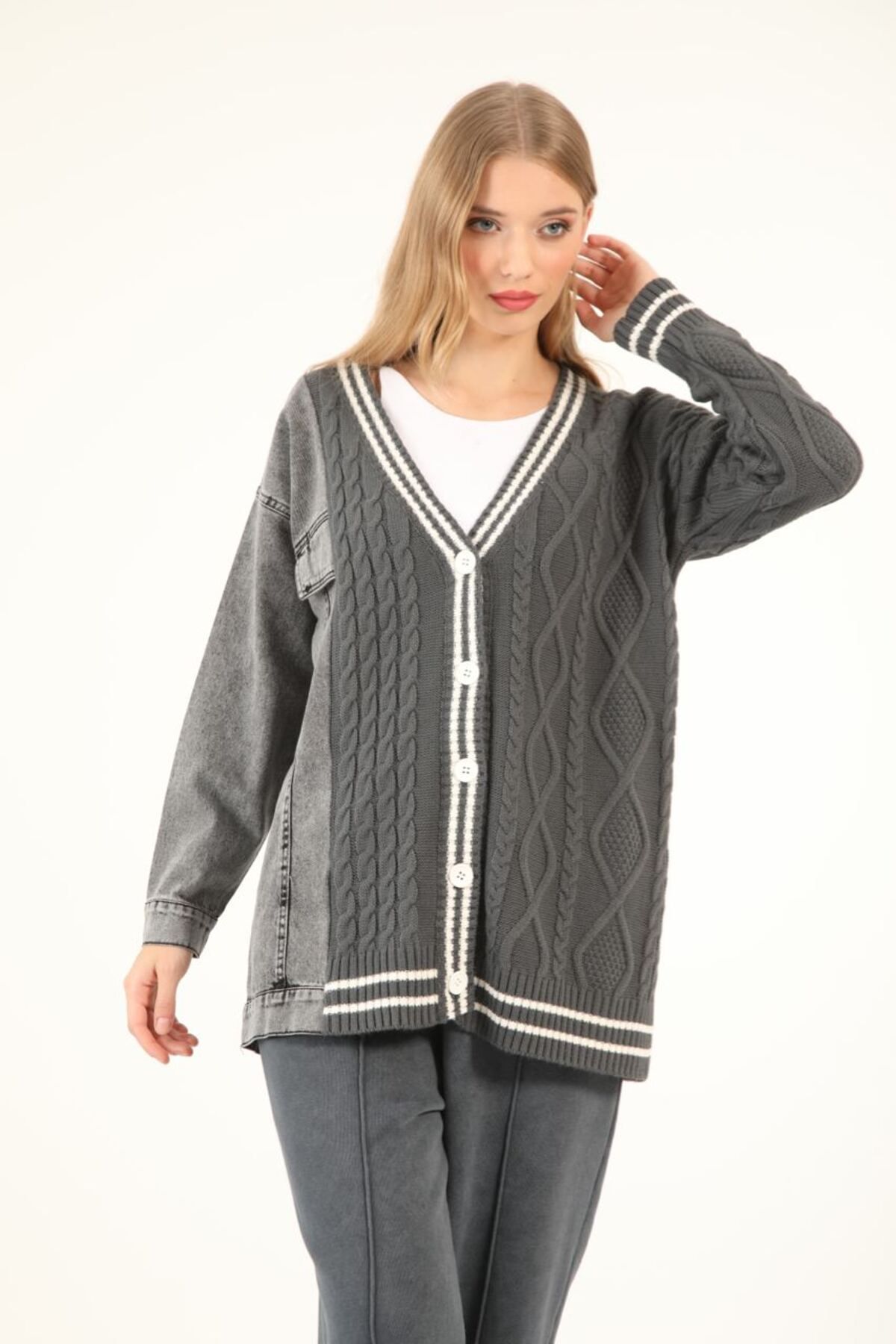 Suede Style 50619 - Kot Garnili Rahat Şık Triko Ceket