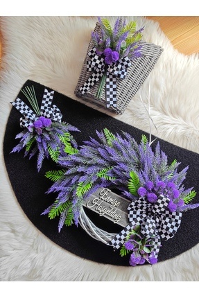 Serçeden Lavanta Çiçekli Bambu Çelenk Kapı Süsü, Paspas, Sepet, 3 Lü Takım