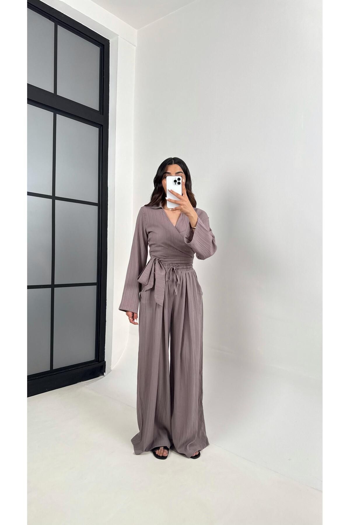 Gaus Mürdüm Bağlamalı Üst Beli Lastikli Pantolon Gofre Takım Gaus00389