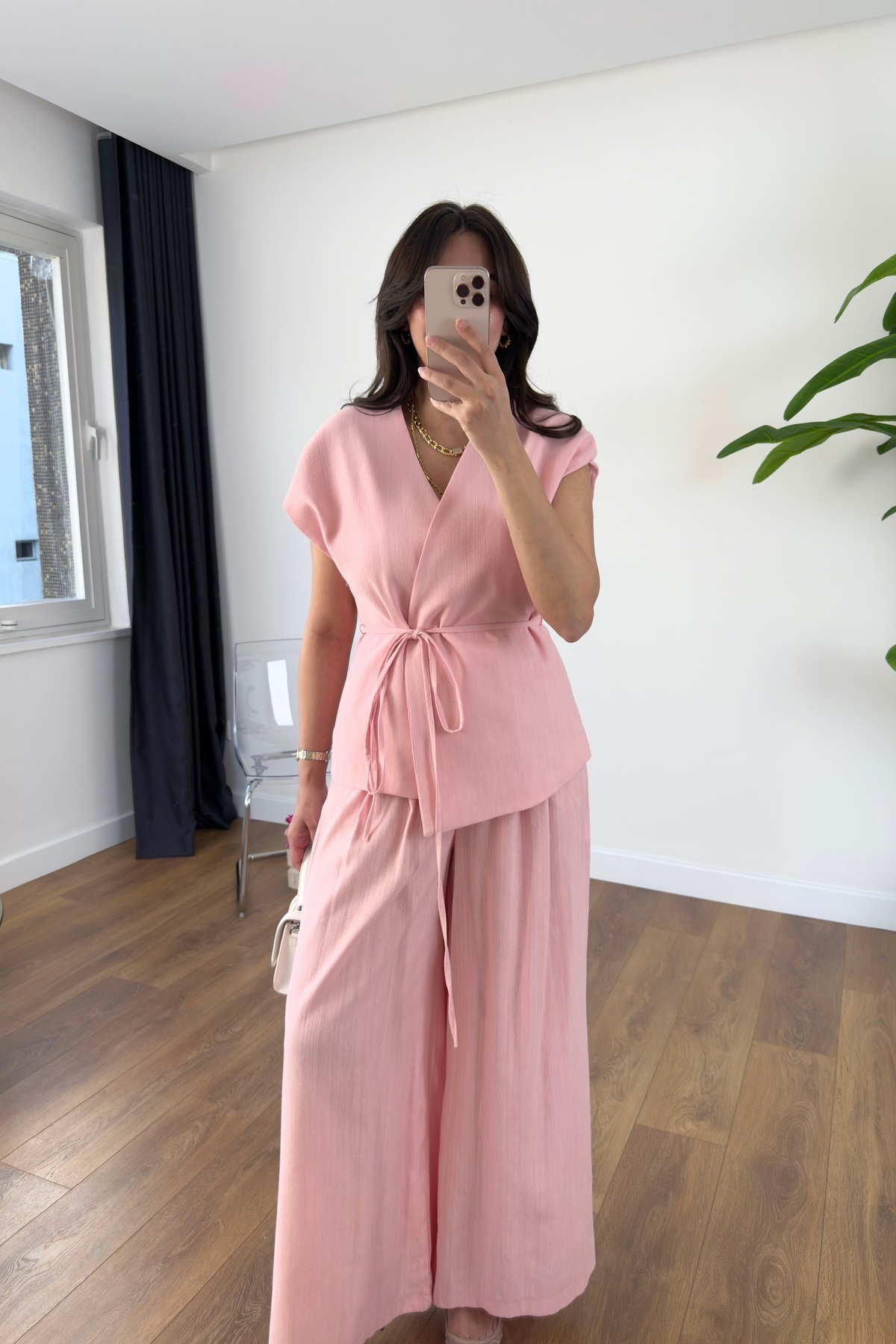 BİRCANÇİL-Lidya Pink Hidden Buttoned Drawstring Linen Vest Set 3