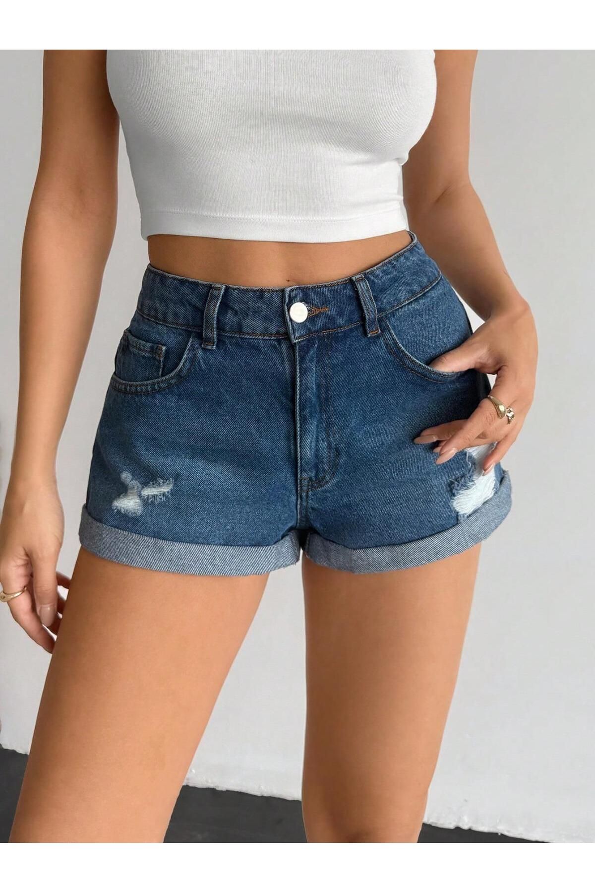 Polo State Kadın Yüksek Bel Katlamalı Paça Denim Şort Mavi