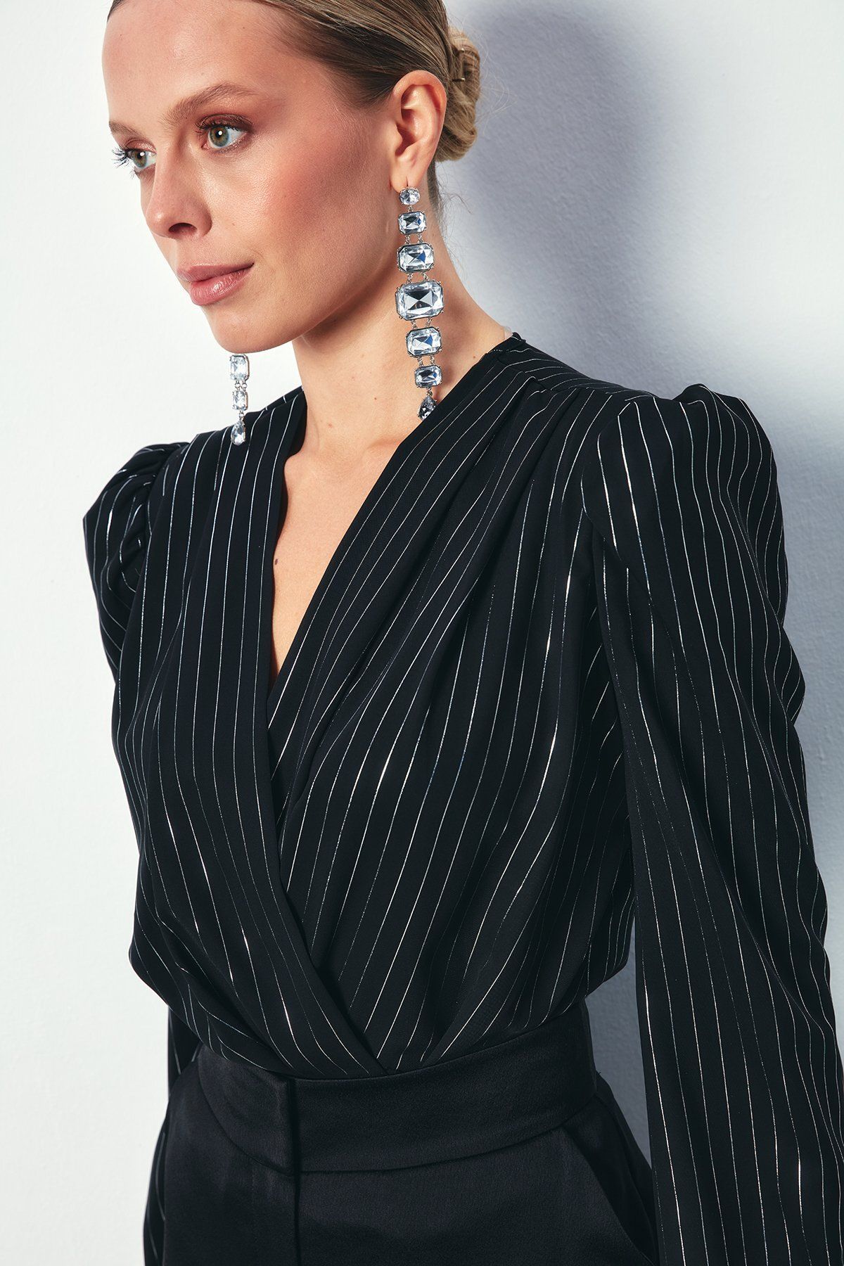 S'amore Clothing Parlak Çizgili Bodysuit Bluz