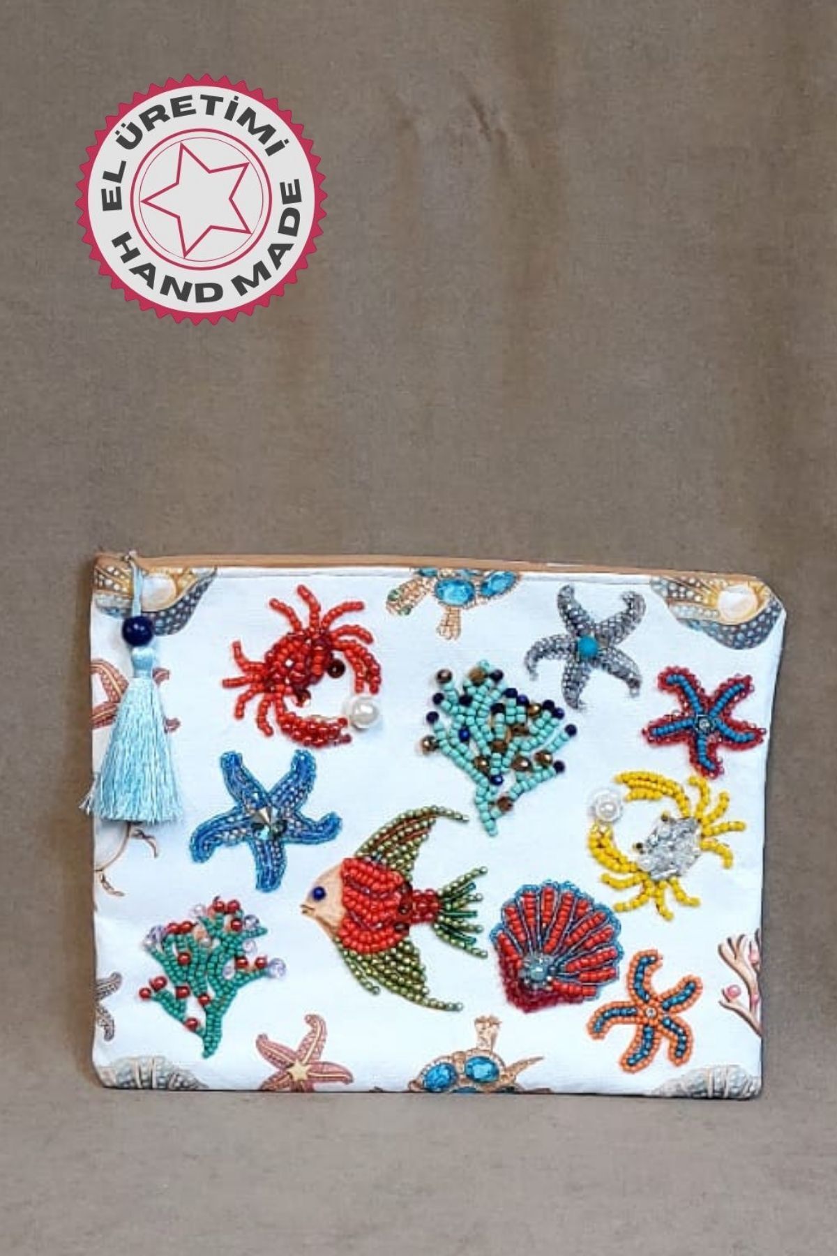 Uretti - Sümeyya 2589 5821 El Yapımı Etnik Deniz Temalı Boncuk İşlemeli - Mavi Püsküllü Clutch Çanta
