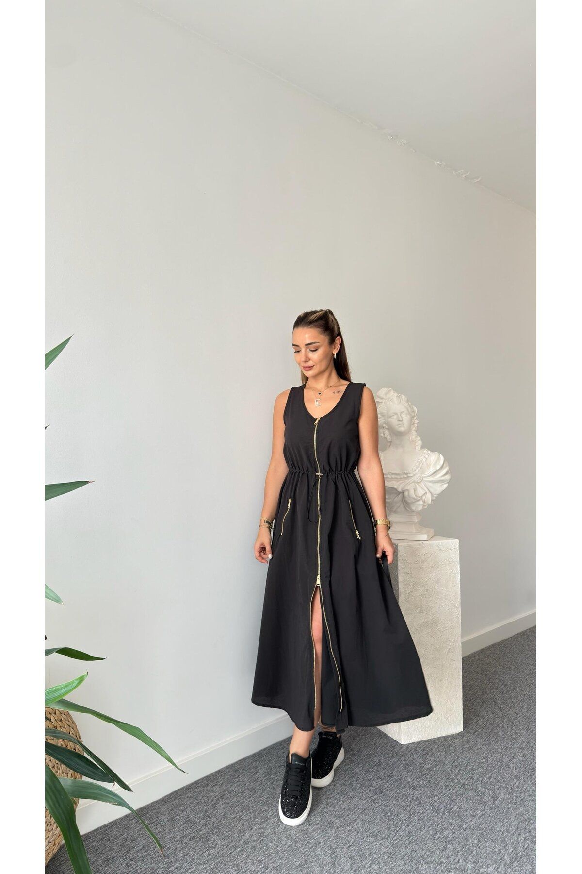 BRGCLOTHING Tasarım Siyah Bel Büzgülü Fermuarlı Elbise
