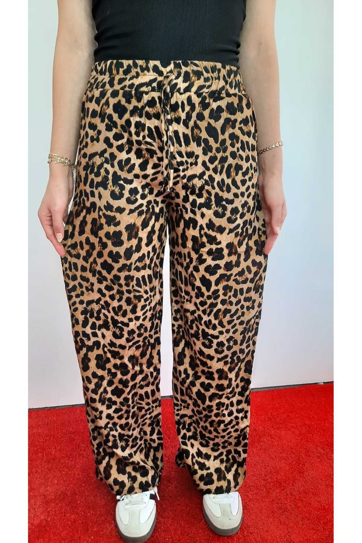 ŞIK VE MUTLU Bol Paça Leopar Palazzo Pantolon