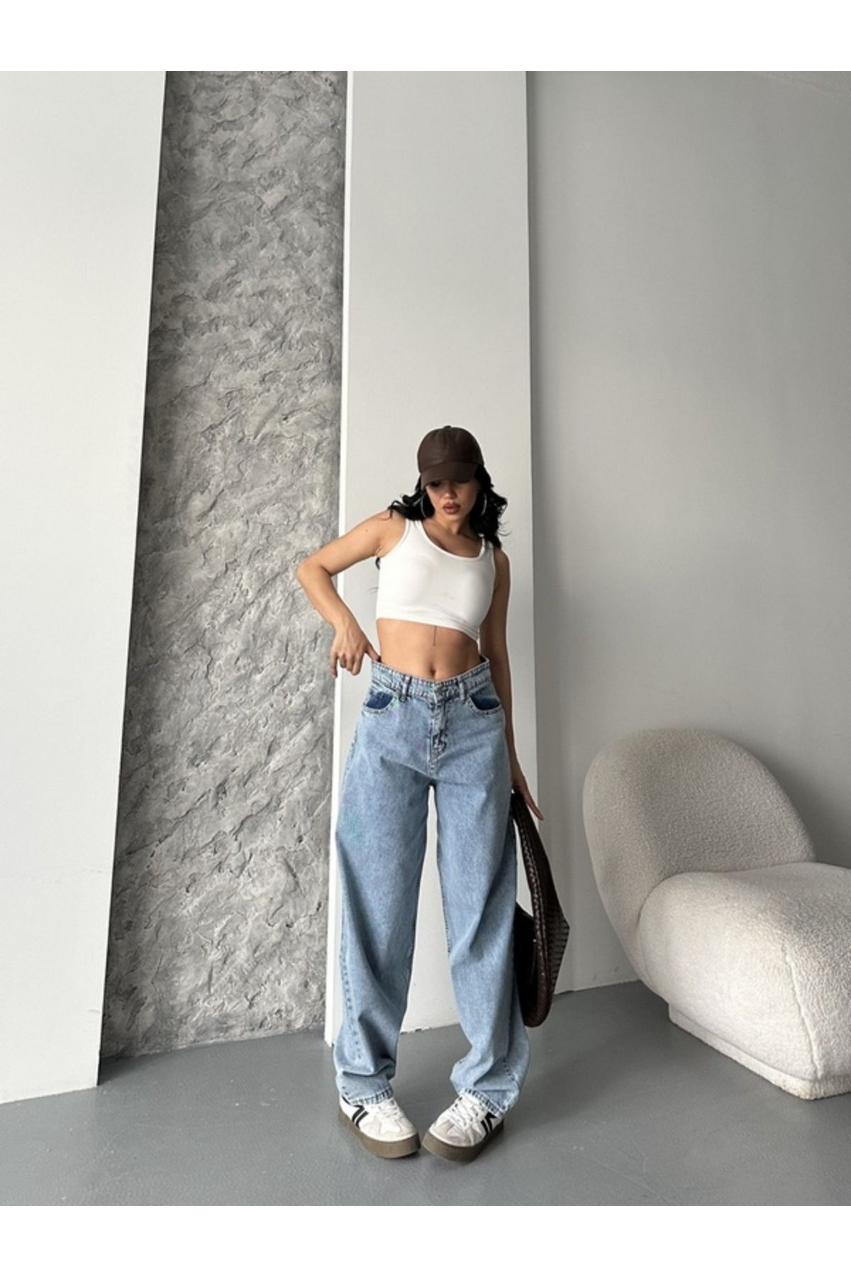 DESTEMODA Kadın Kot Baggy Jeans Denim Pantolon Kar Yıkama Mavi 4000