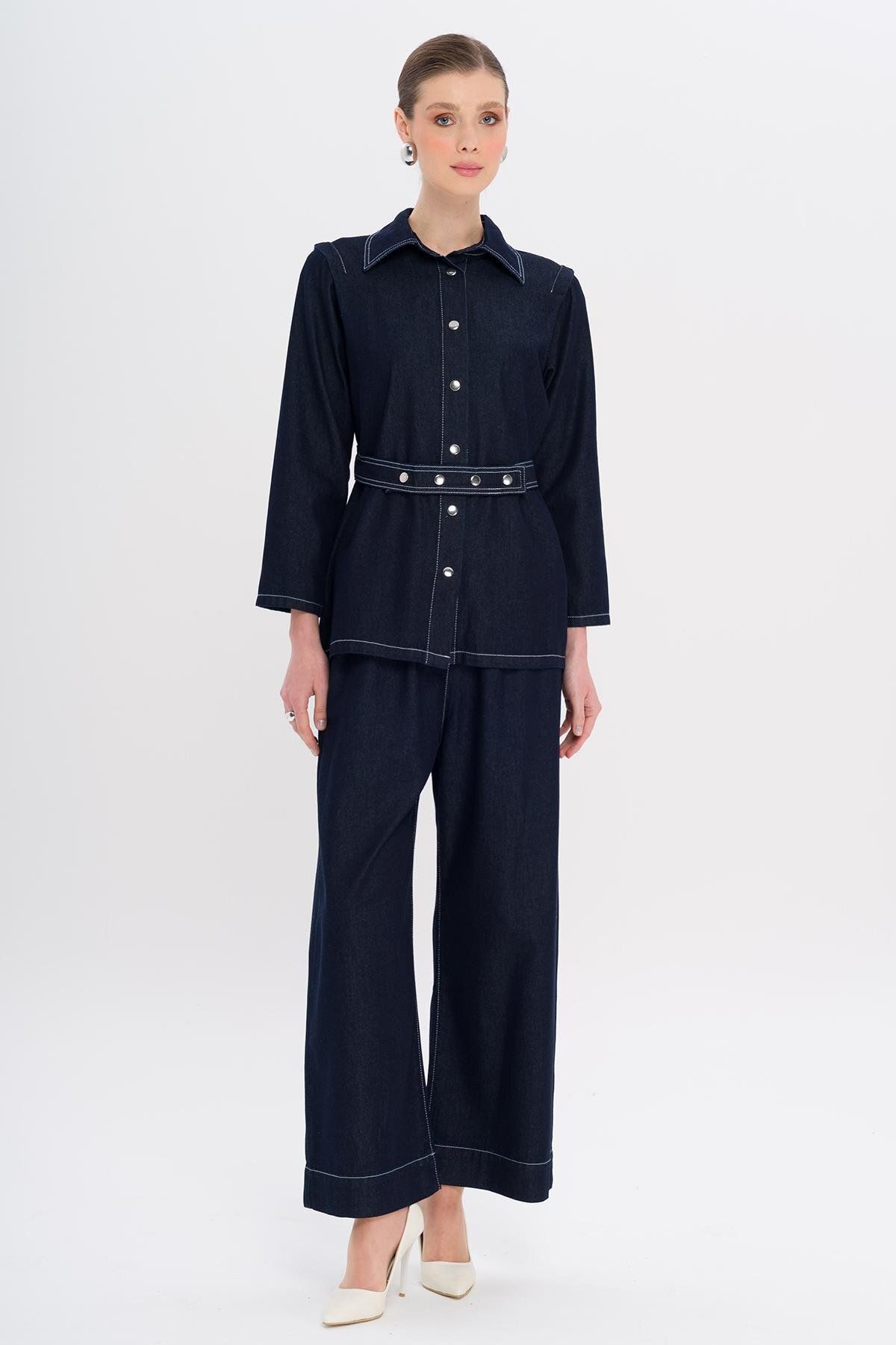 Olcay Kemeri Çıt Çıt Detaylı Ceket Pantolon Denim Takım LACİVERT 9344-TK