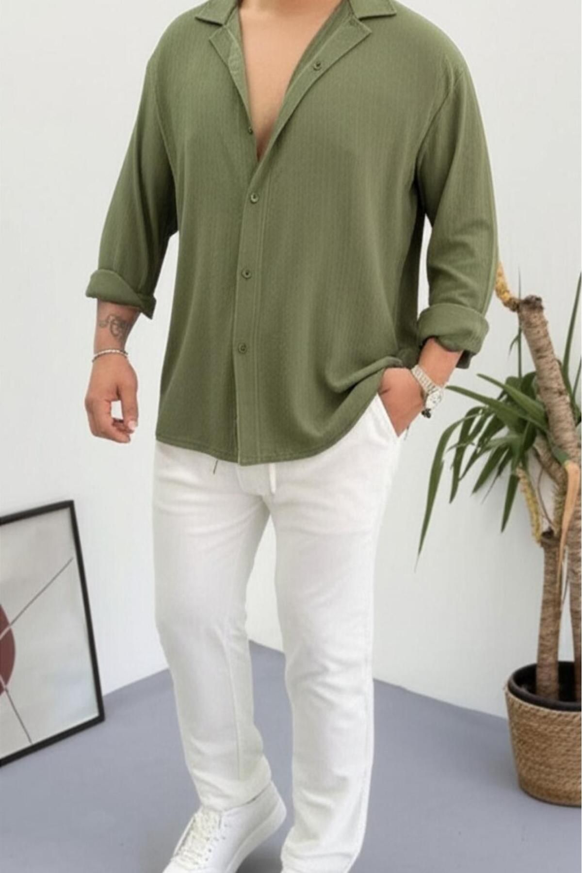 NO 601 Erkek Yeşil Bürümcük Gömlek Beyaz Pantalon Takım