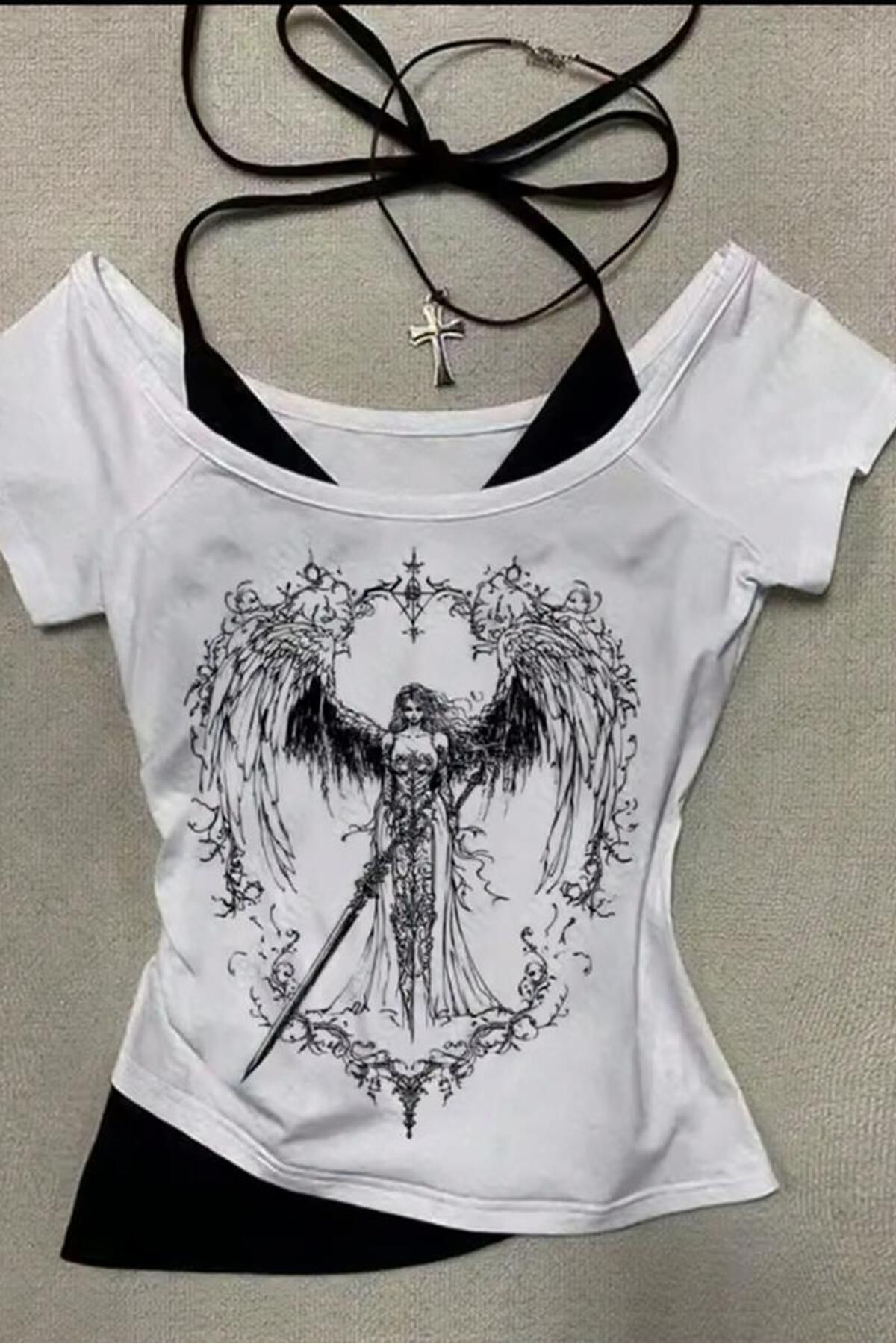 Karakedi Beyaz Sword Warriror Angel Madonna Yaka Ek Askılı Kısa Kollu Full Body Crop