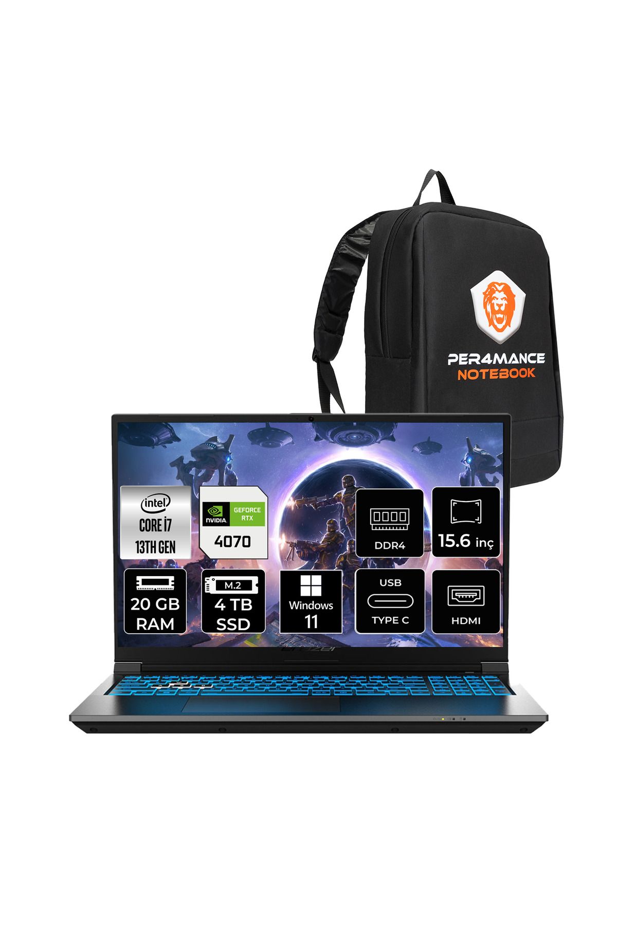 Erazer Deputy P60 i7 13620H 20GB 4TB SSD RTX4070/8GB 15.6" FHD 144Hz W11H Gaming Laptop & Çanta
