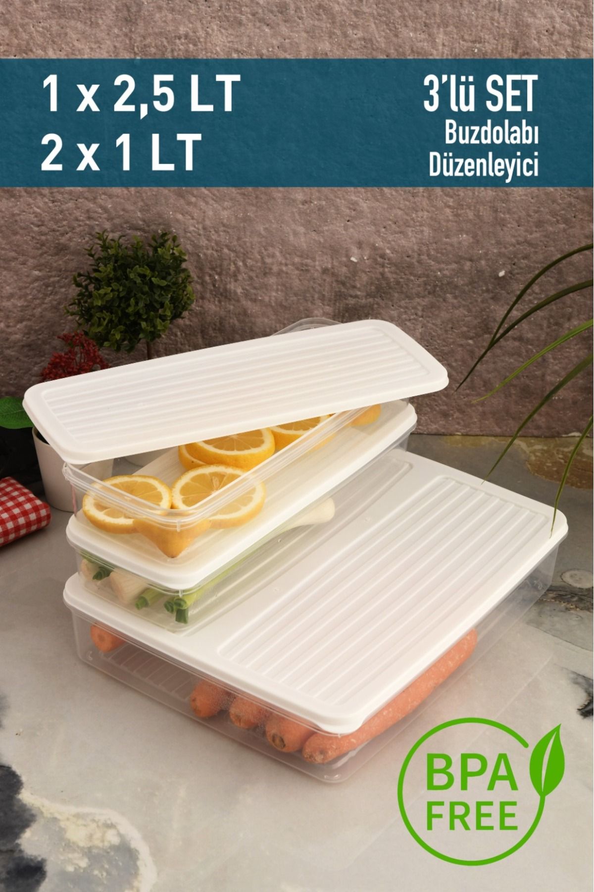 Leila 3'lü Kapaklı Saklama Kabı, Buzdolabı Organizer Mikrodalga Ve Difrize Uygun 4,5LT