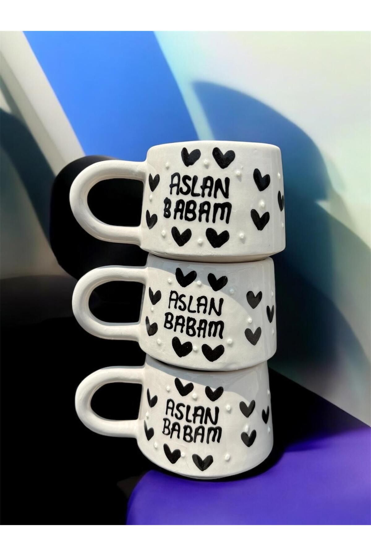 BB TRADE El Yapımı Aslan Babam Yazılı 3'Lü Seramik Kupa