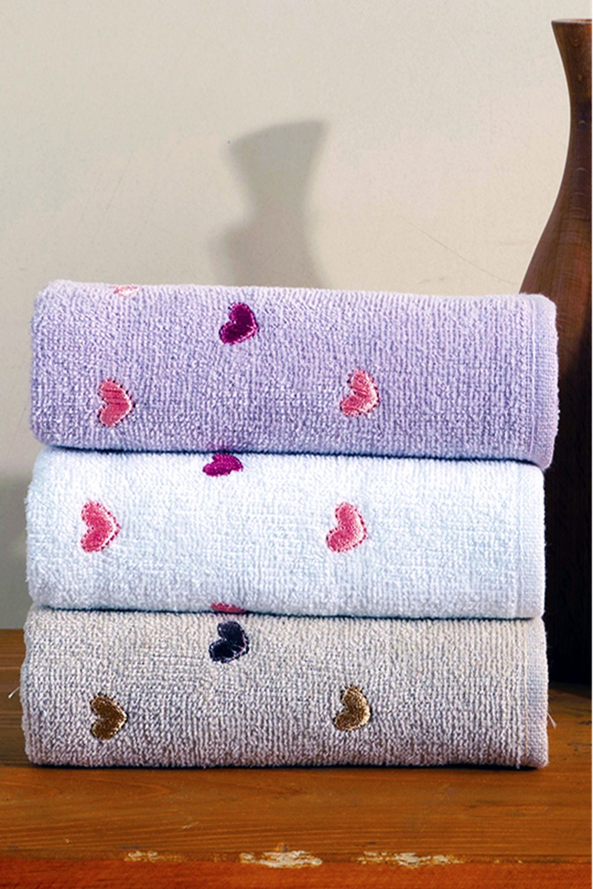 BAMİROSE 50x90 CM 3'LÜ KALP NAKIŞLI EL & YÜZ ÇEYİZLİK HEDİYELİK HAVLU SETİ