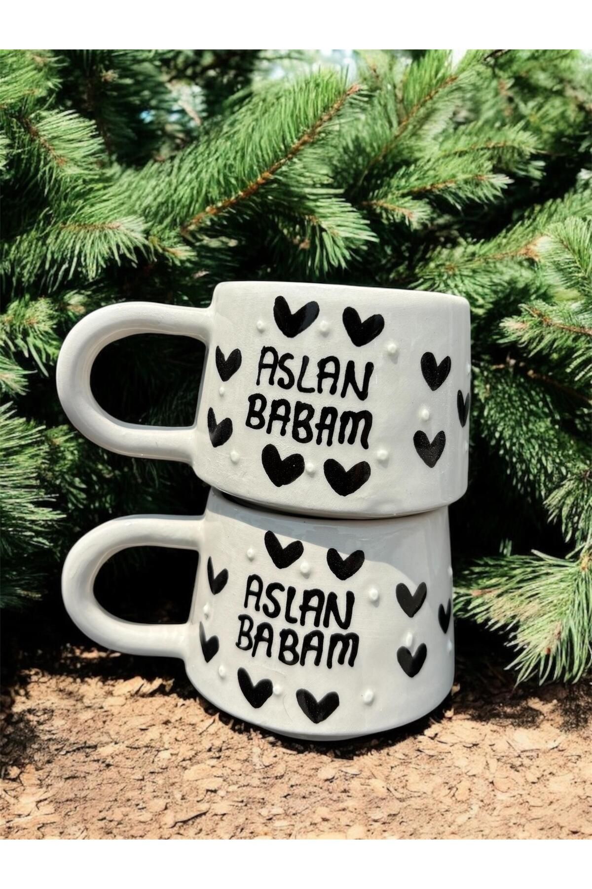 BB TRADE El Yapımı Aslan Babam Yazılı 2'Li Seramik Kupa