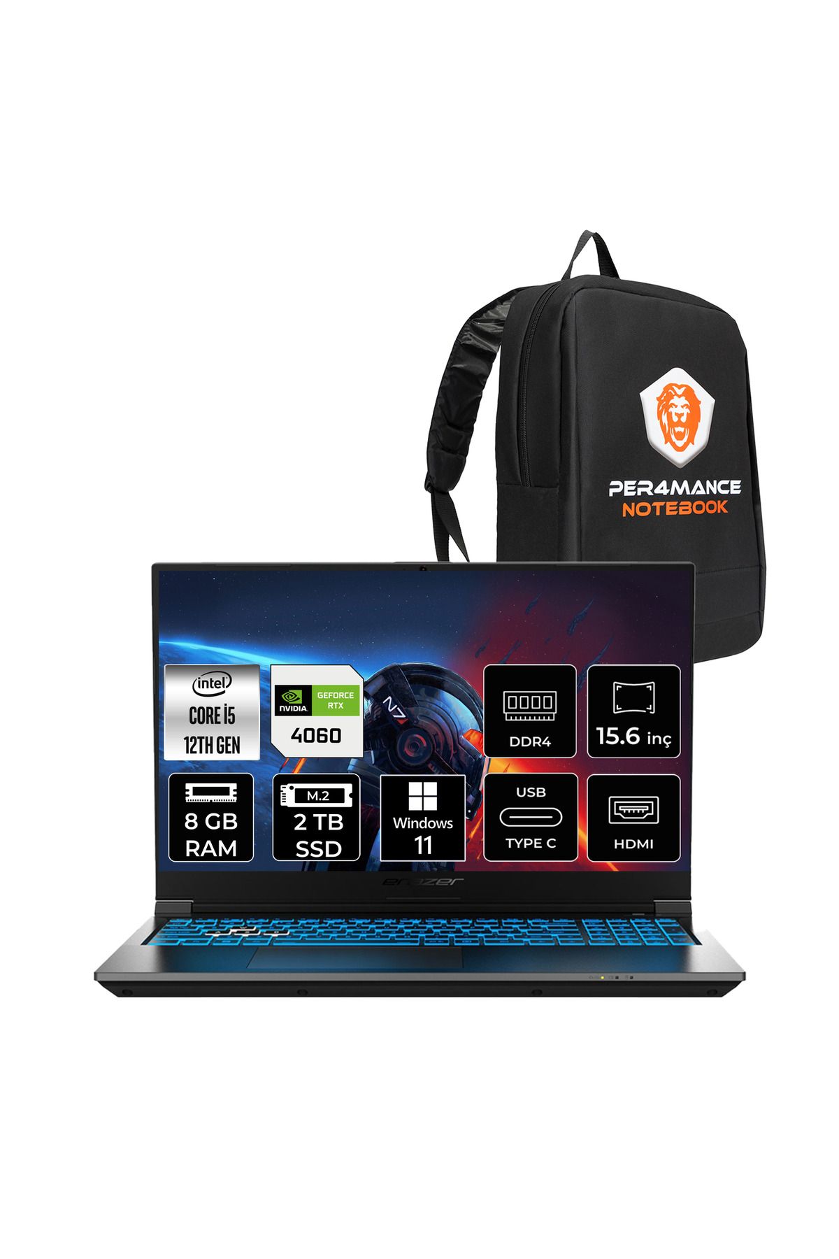 Erazer Deputy P60 i5 12450H 8GB 2TB SSD RTX4060/8GB 15.6" FHD 144Hz W11H Gaming Laptop & Çanta