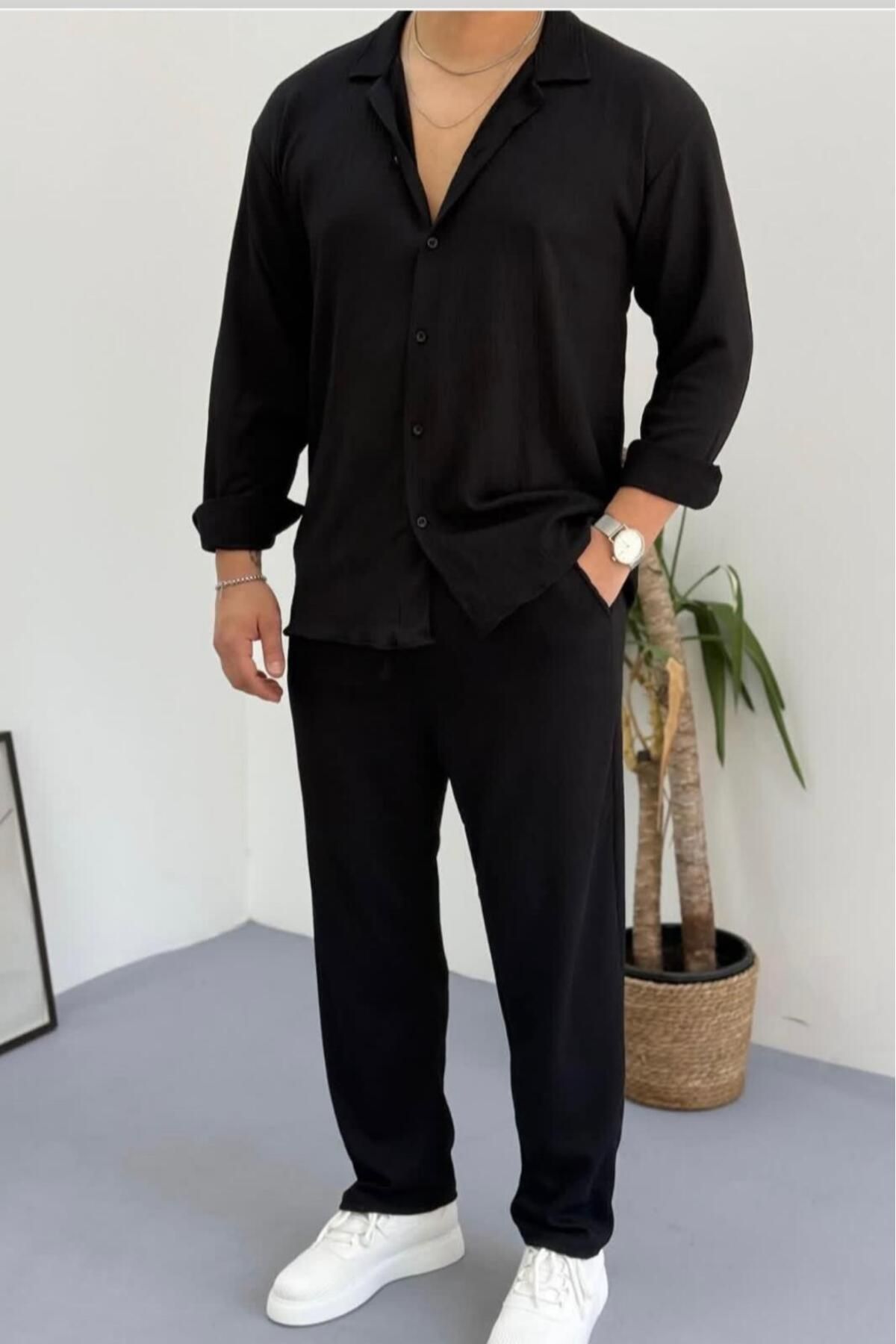 NO 601 Erkek Siyah Bürümcük Gömlek Siyah Pantalon Takım