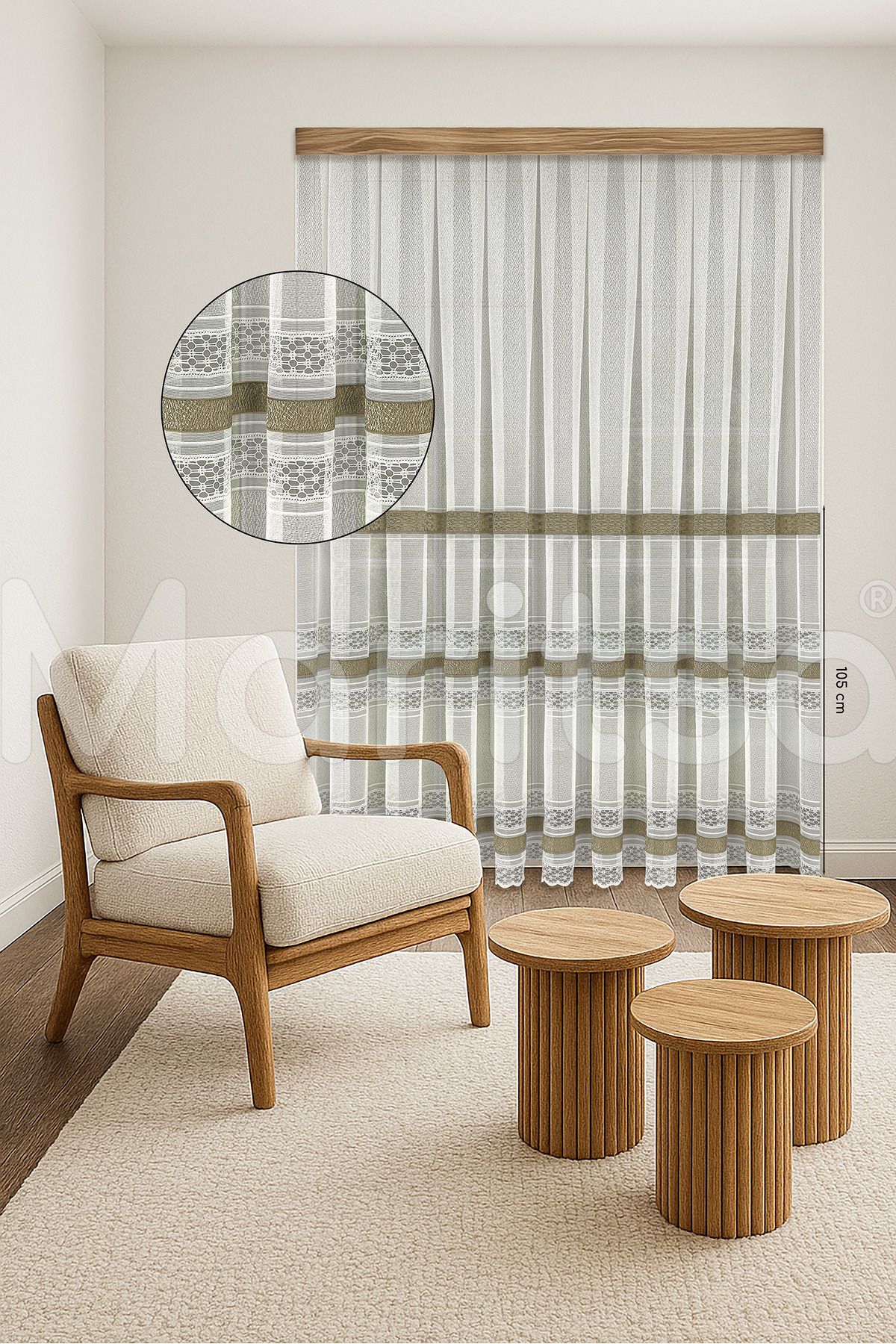 MARİTSA Tül Perde - Örme Serisi Modern Klasik Gold Dantel Detaylı Serena Desen Ekru Sık Pile(1x3) Curtain