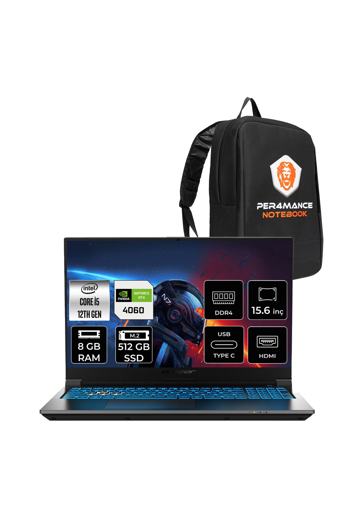 Erazer Deputy P60 i5 12450H 8GB 512GB SSD RTX4060/8GB 15.6" FHD 144Hz FDOS Gaming Laptop & Çanta