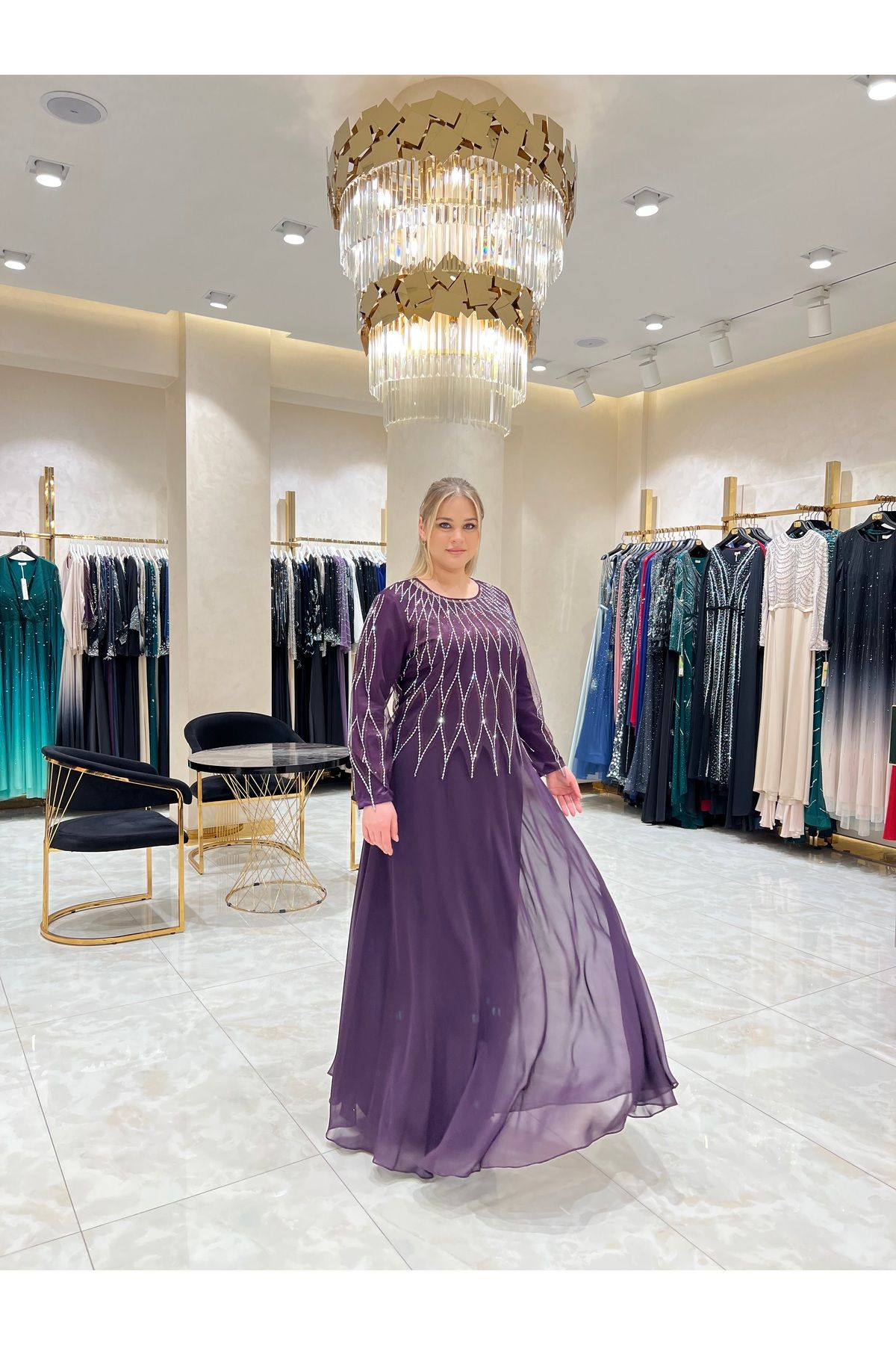 Balerina Tül Üzerine Taş İşlemeli Büyük Beden Şifon Abiye Elbise