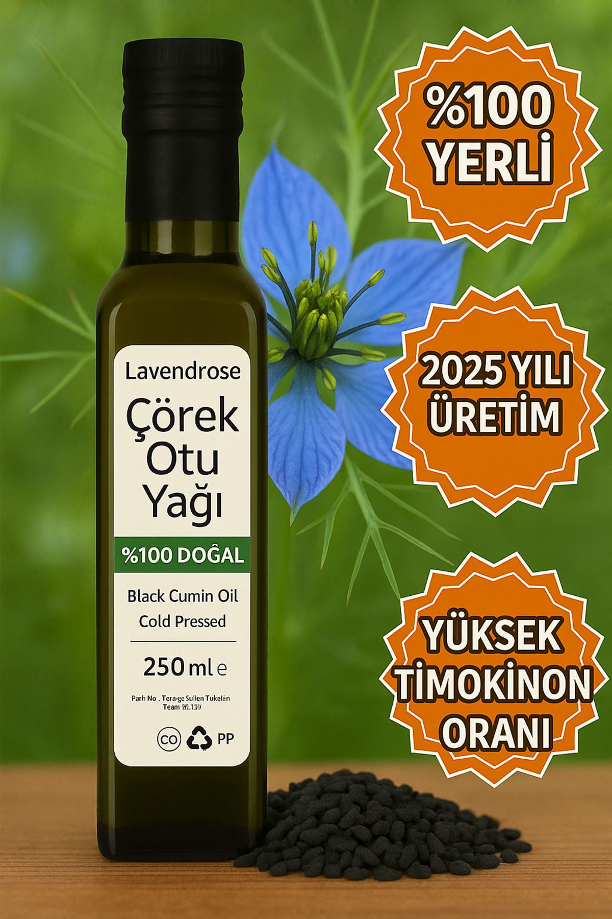Lavendrose Çörek Otu Yağı 250 ml Yüksek Timokinonlu Soğuk Sıkım 100% Saf Ve Doğal Yerli Çörekotu Tohumundan