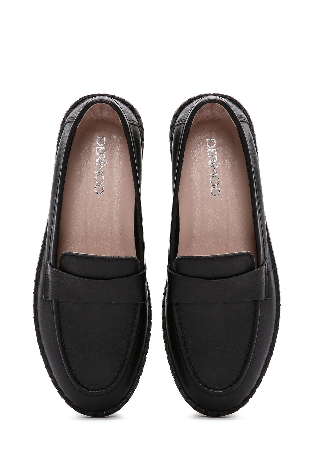 لوفر مشکی زنانه چرمی سیاه Loafer 24SFD501018 اورجینال Derimod