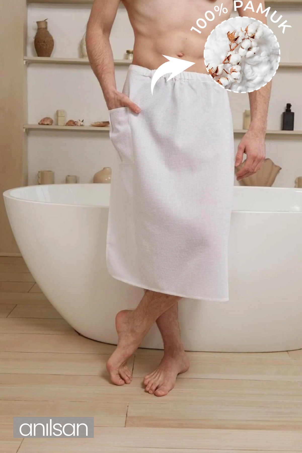 Anılsan %100 Pamuk Spa & Hamam İçin Sauna Havlusu – Belden Lastikli Cırtcırtlı Cepli Etek Model