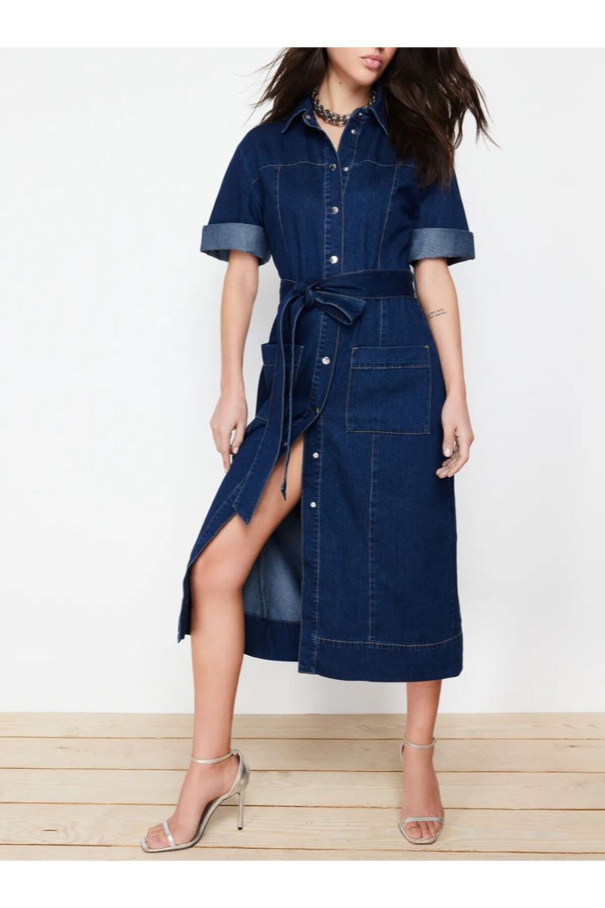 KARACAN COMPANY Kemerli Maxi Denim Elbise