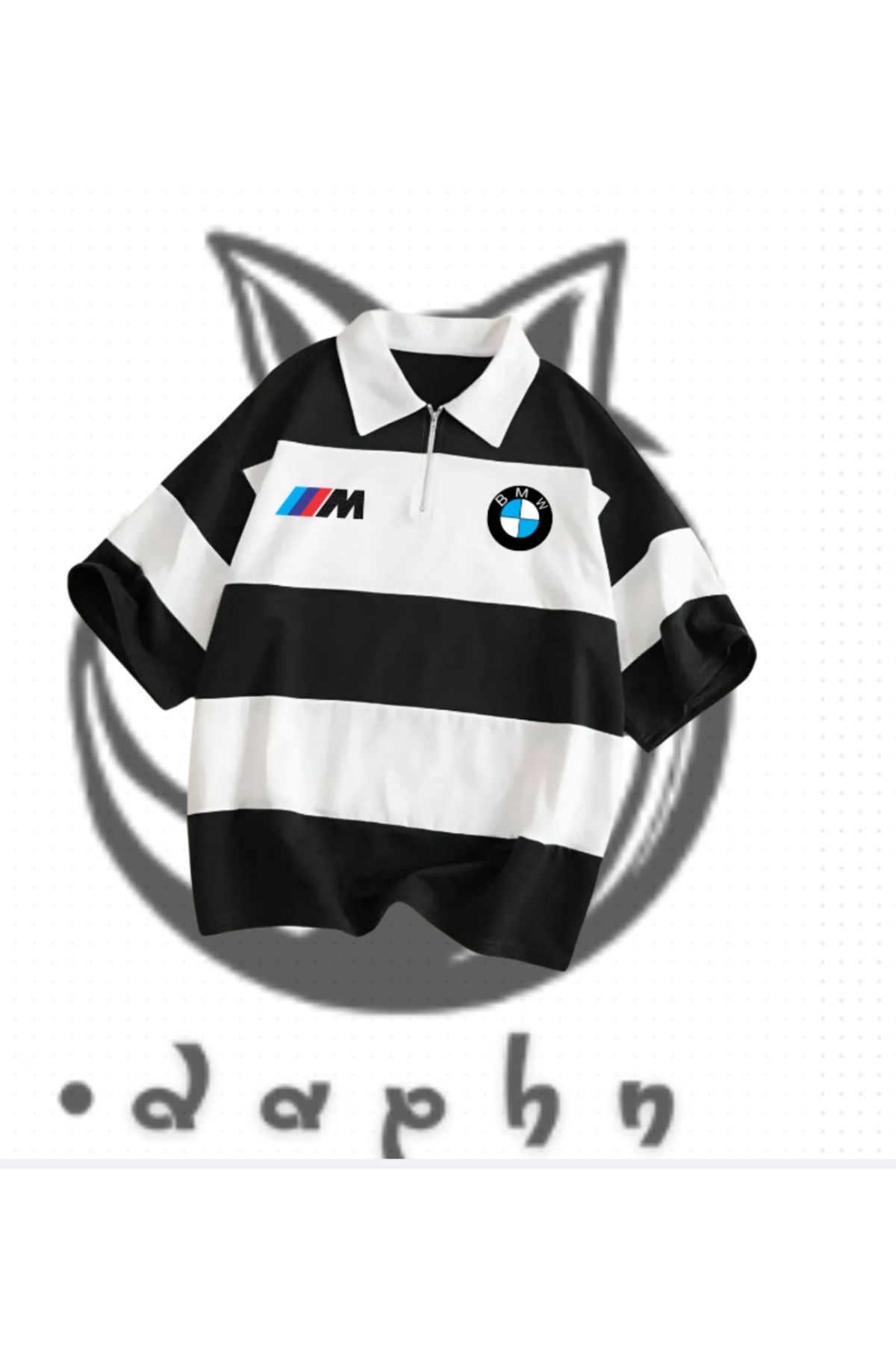 TEXTURA Yeni Sezon Unisex Erkek Kadın Siyah Beyaz BMW M3 Baskılı Polo Yakalı Fermuarlı Oversize T-shirt