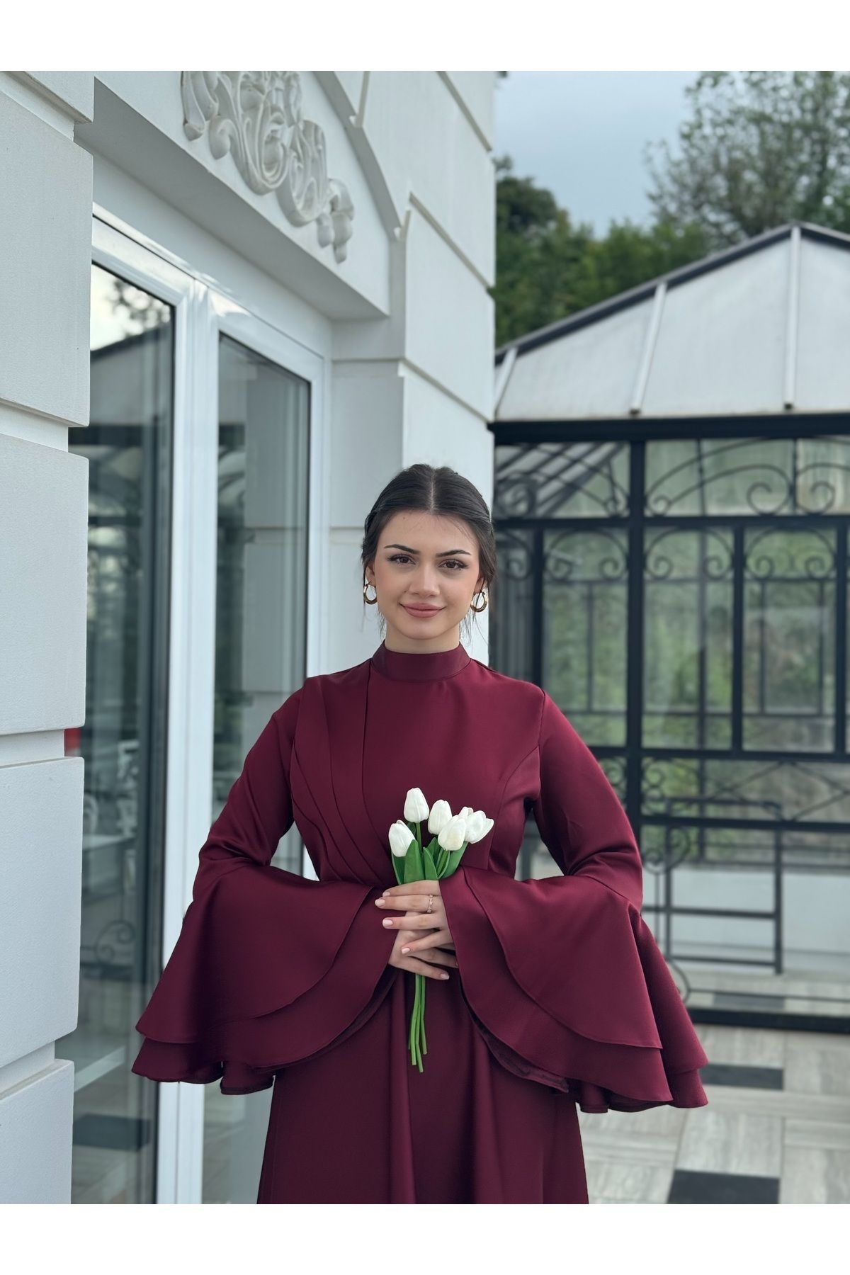 essolaria MİORA Kadın Bordo Kolları Volanlı Tesettür Elbise/Abiye