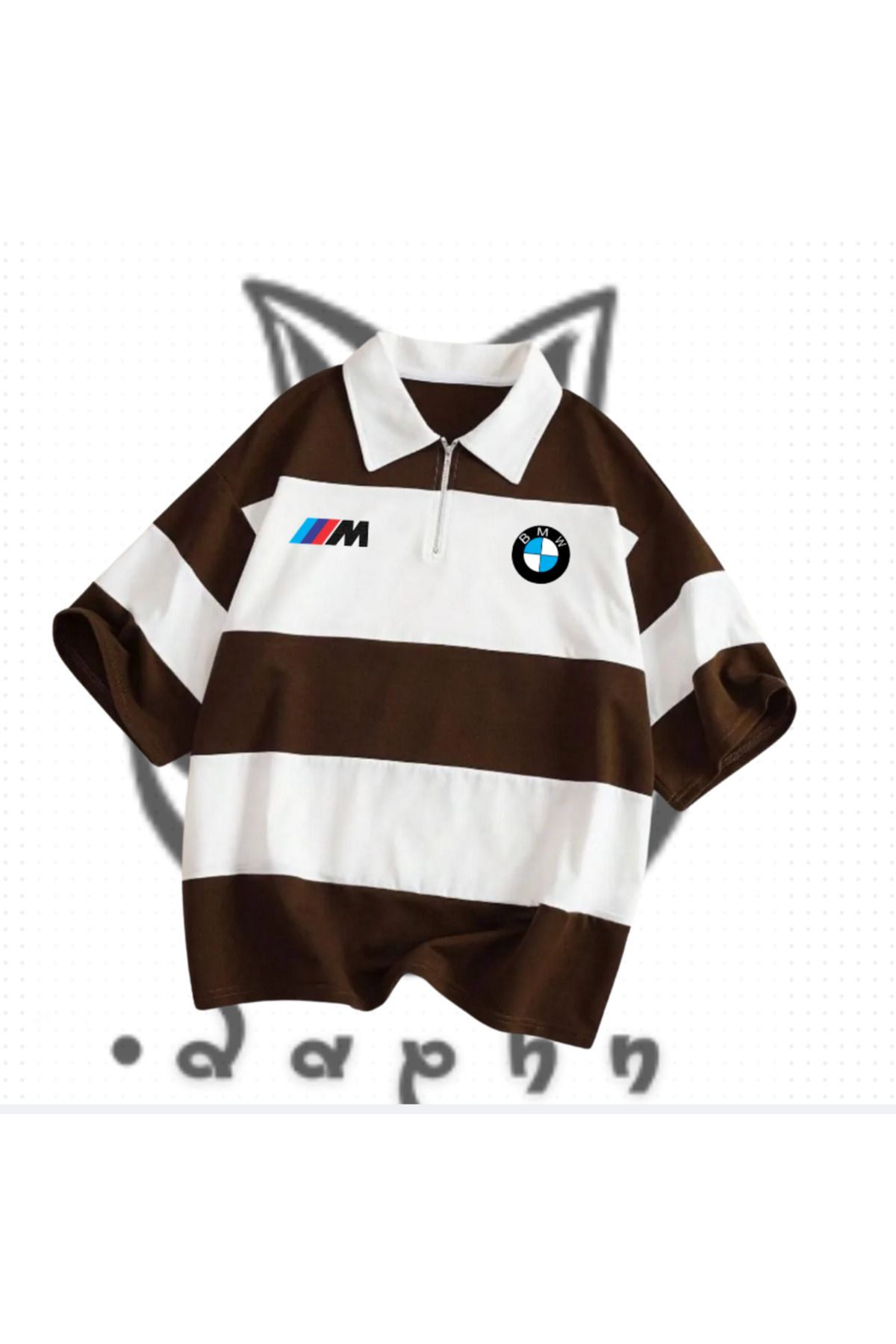 TEXTURA Yeni Sezon Unisex Erkek Kadın Kahverengi Beyaz BMW M3 Baskılı Polo Yakalı Fermuarlı Oversize T-shirt
