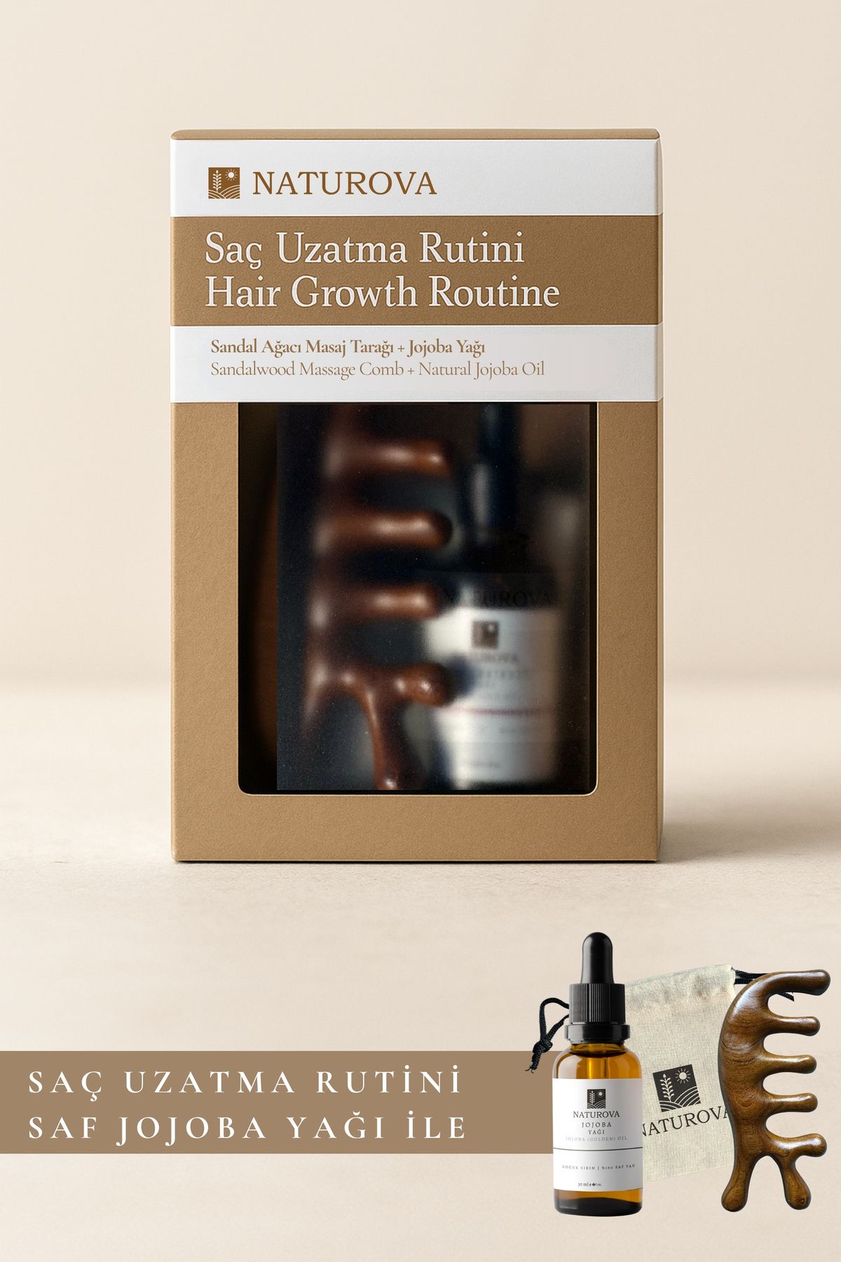 NATUROVA Saç Uzatma Rutini, Sandal Ağacı Masaj Tarağı Jojoba Yağı 30 ml Hediye Kese