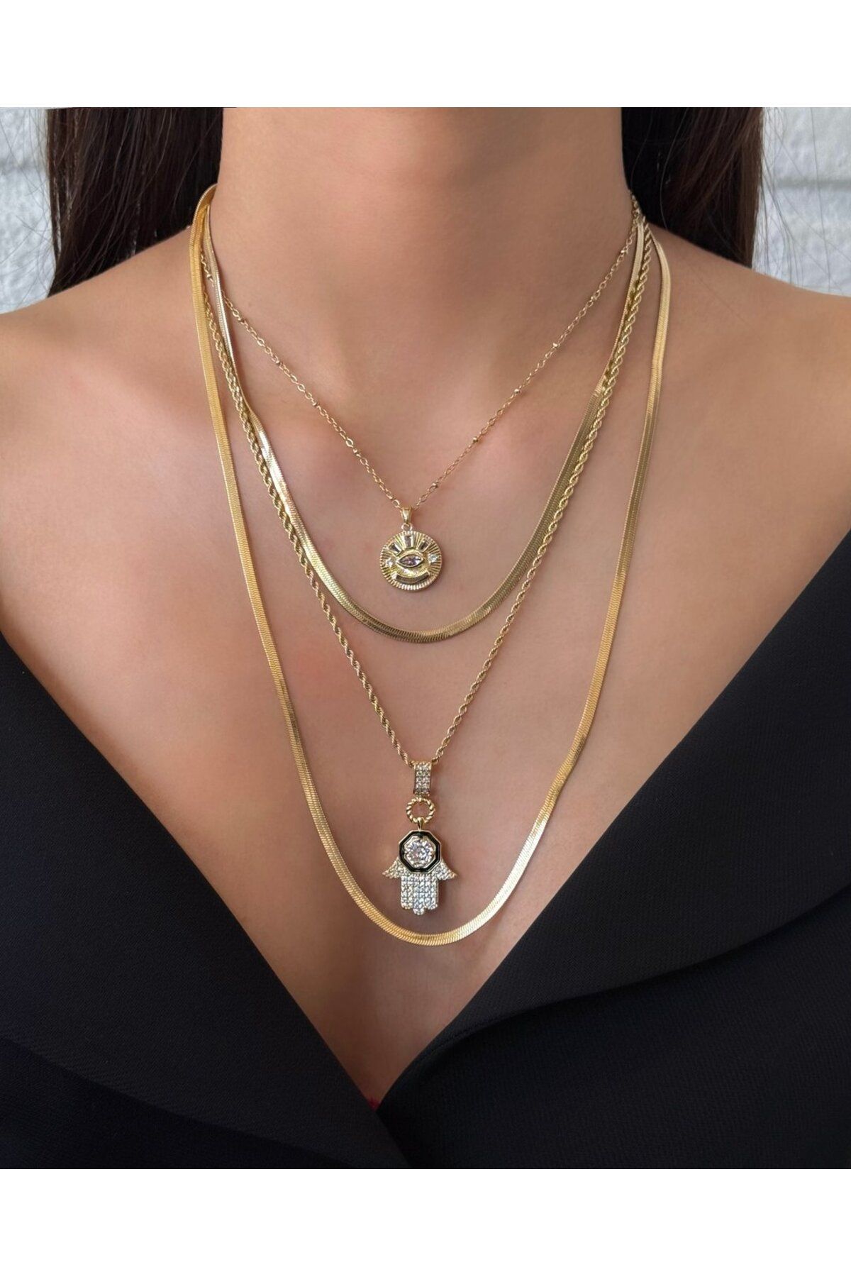 h&b design jewel Çelik Gold Fatma Eli Detay 3 Lü Kolye Seti